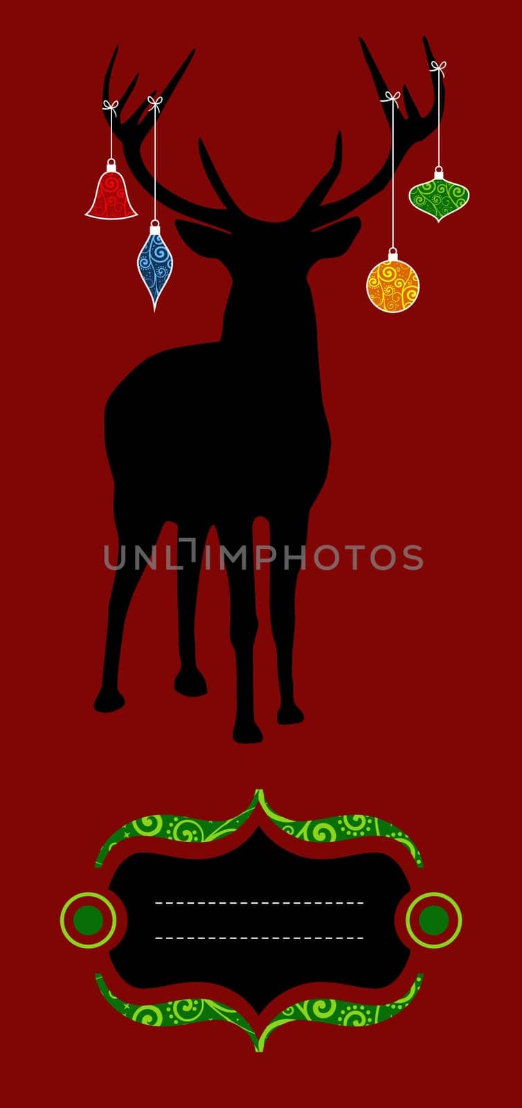 Christmas reindeer silhouette with decorations hanged from its antlers over red background. Ready for use as xmas card.