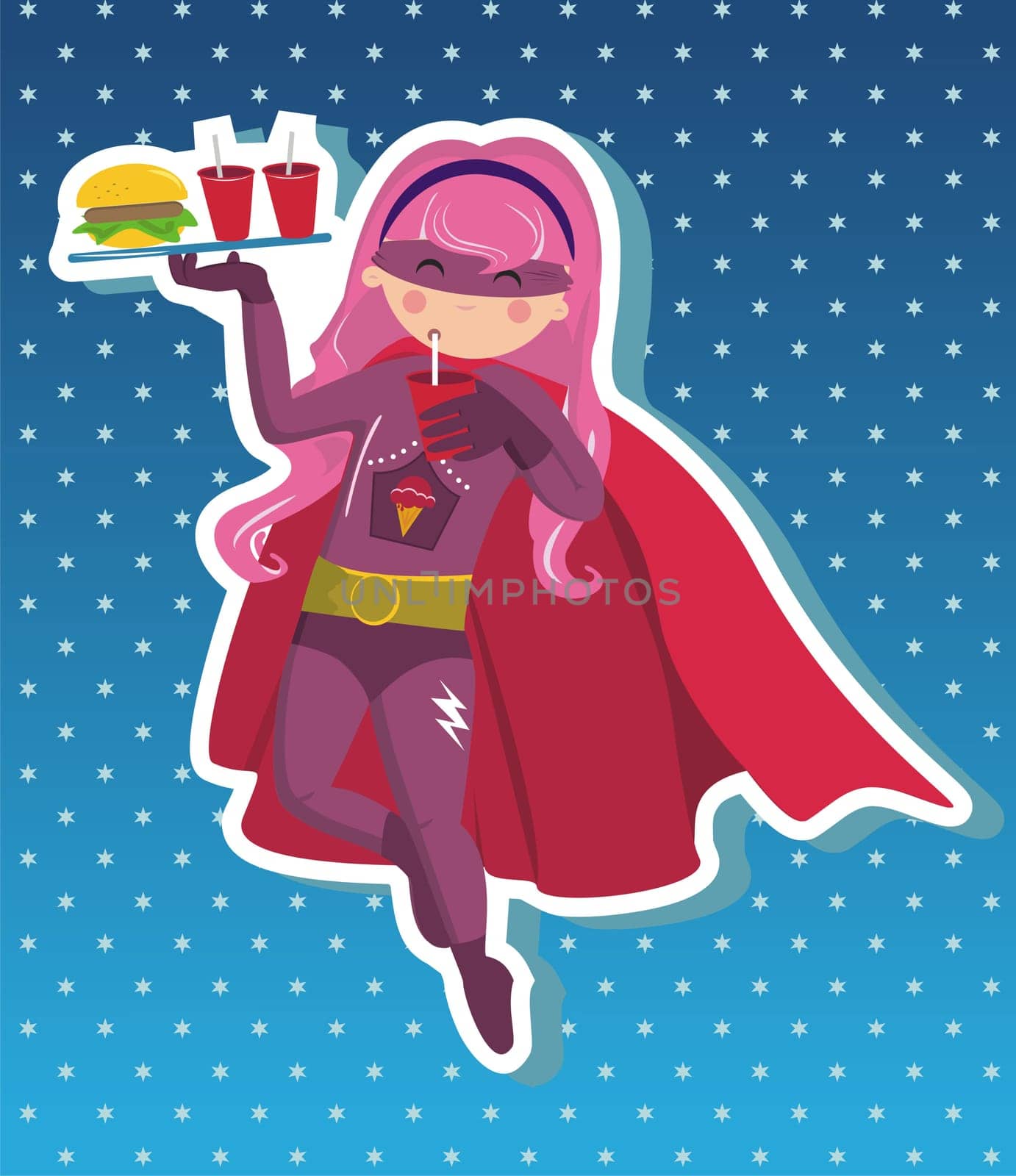 Superhero girl flying with tray in your hand with fast food on blue background with little stars. Vector available.