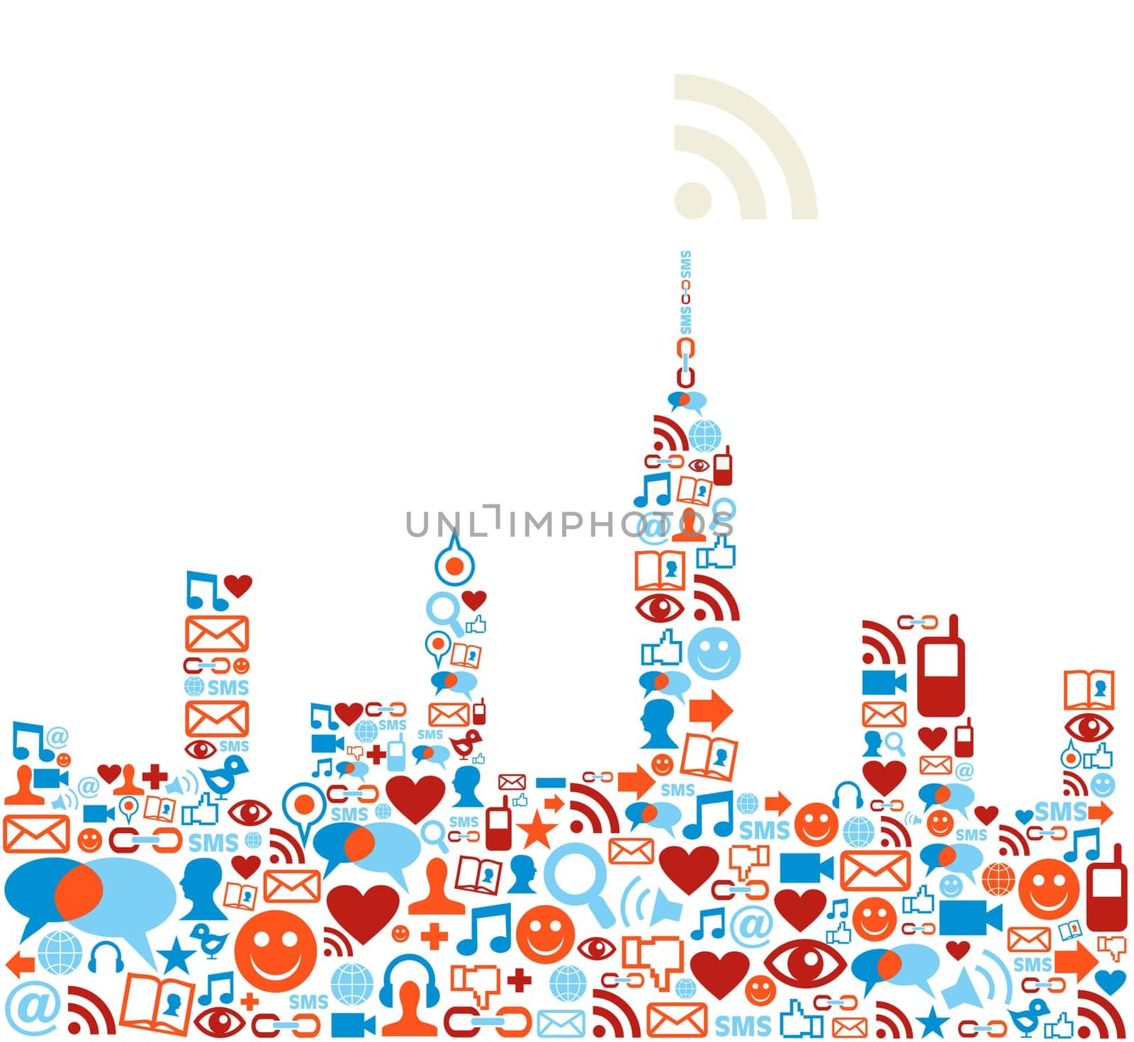 Social media icons set in cityscape shape.