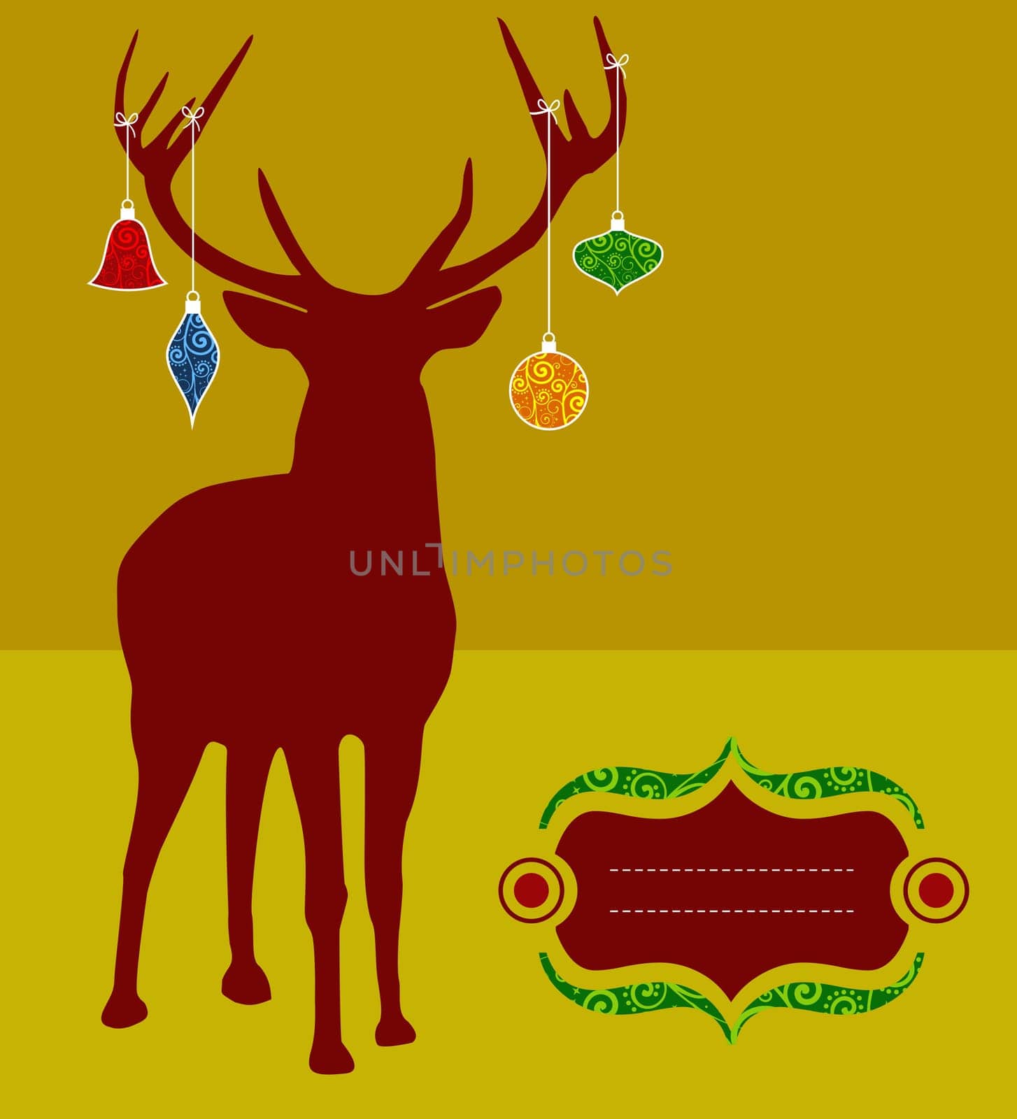 Christmas reindeer silhouette with decorations hanged from its antlers over mustard background. Ready for use as postage greeting card.