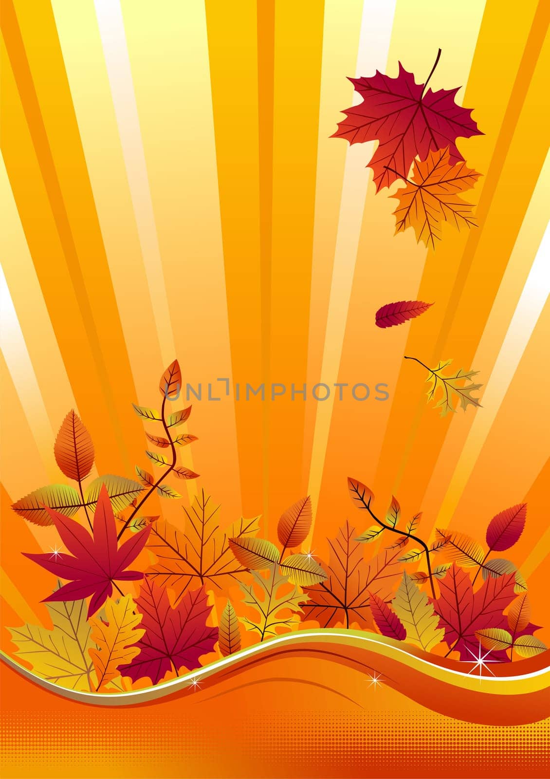 Fall leaves on a vertical yellow background. Vector available