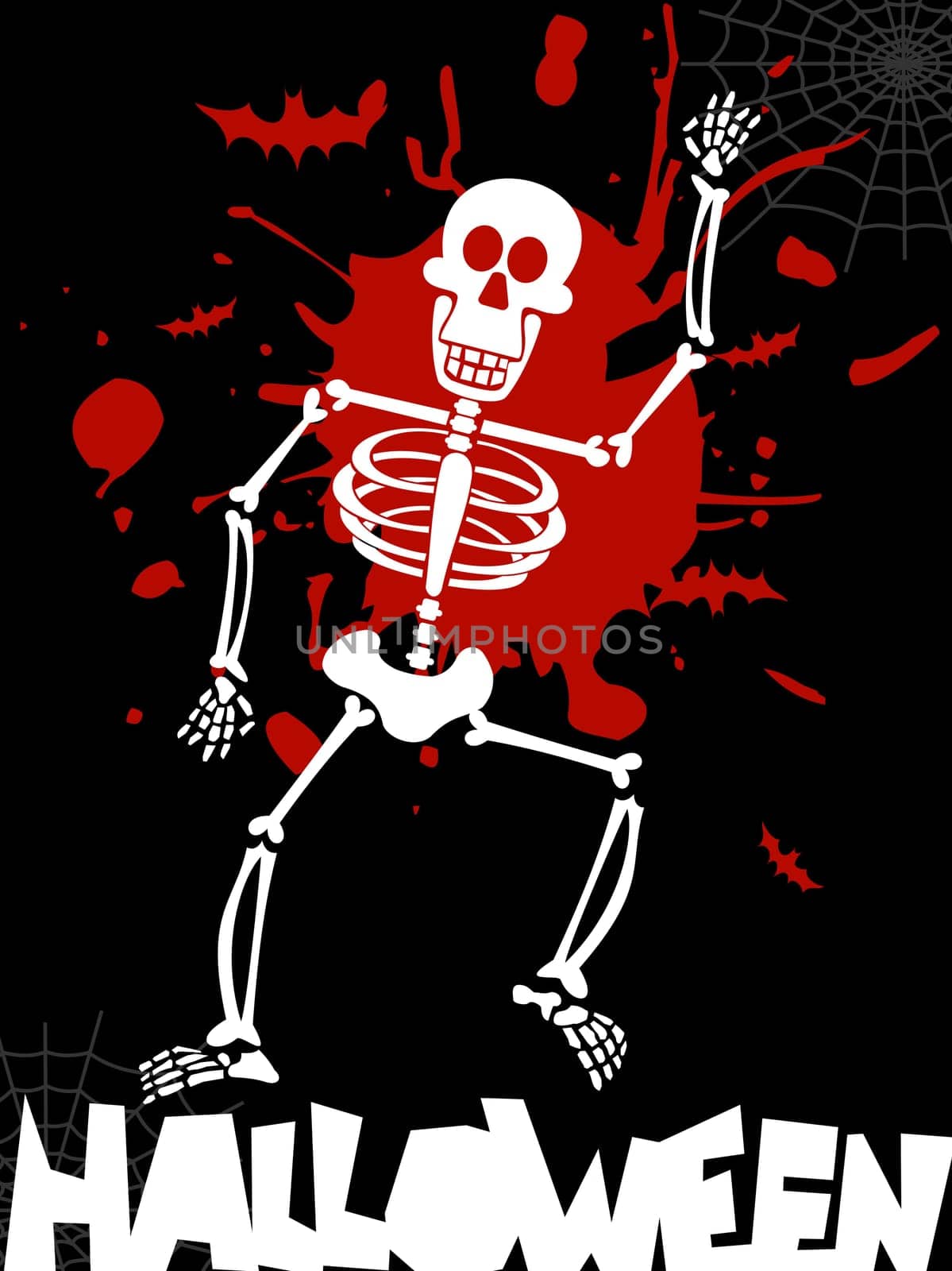 Scary dancing skeleton Halloween background. Vector available
