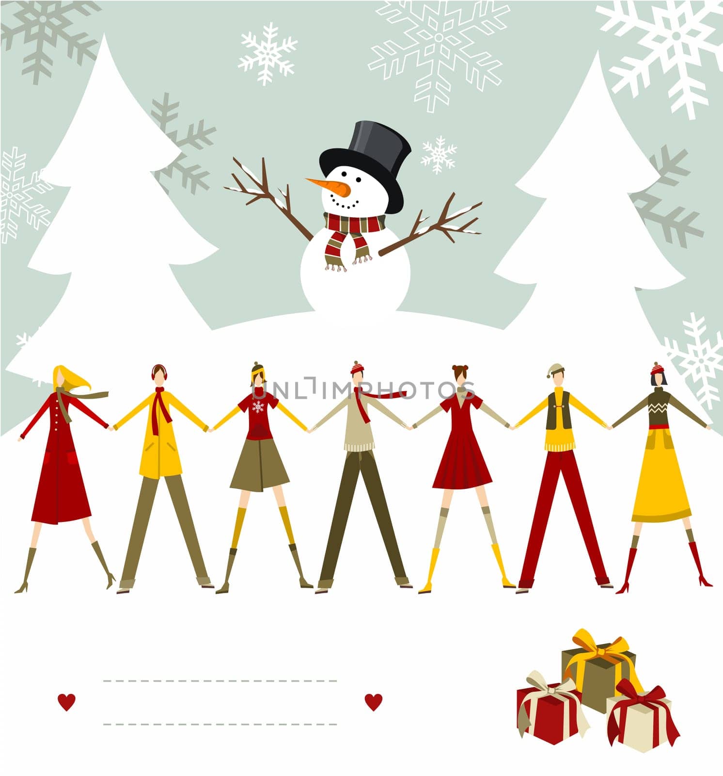 Snowman celebrating Christmas and people holding hands with blank lines to write on snowy background. Vector file available.