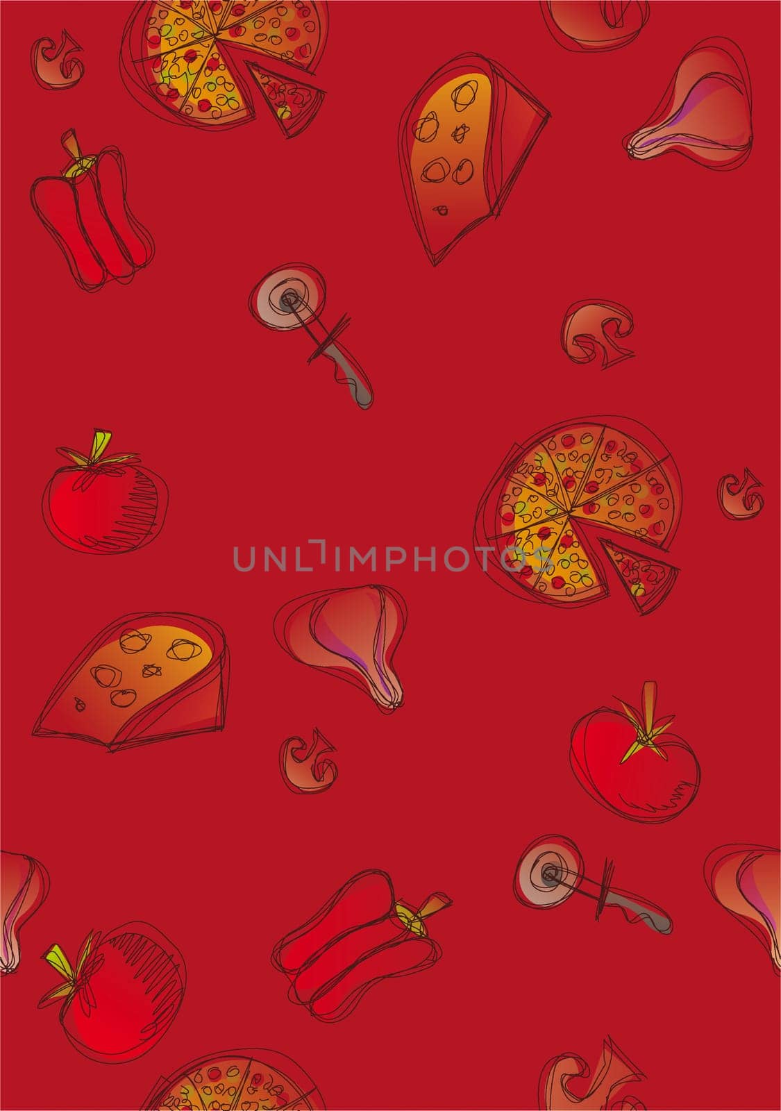 Pattern of pizza and ingredients on red background. Vector available