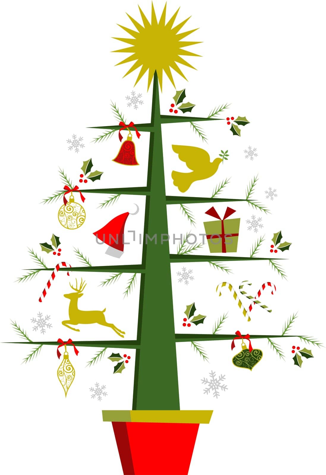 Fully decorated Christmas tree with a shiny golden star on top. White background vector file