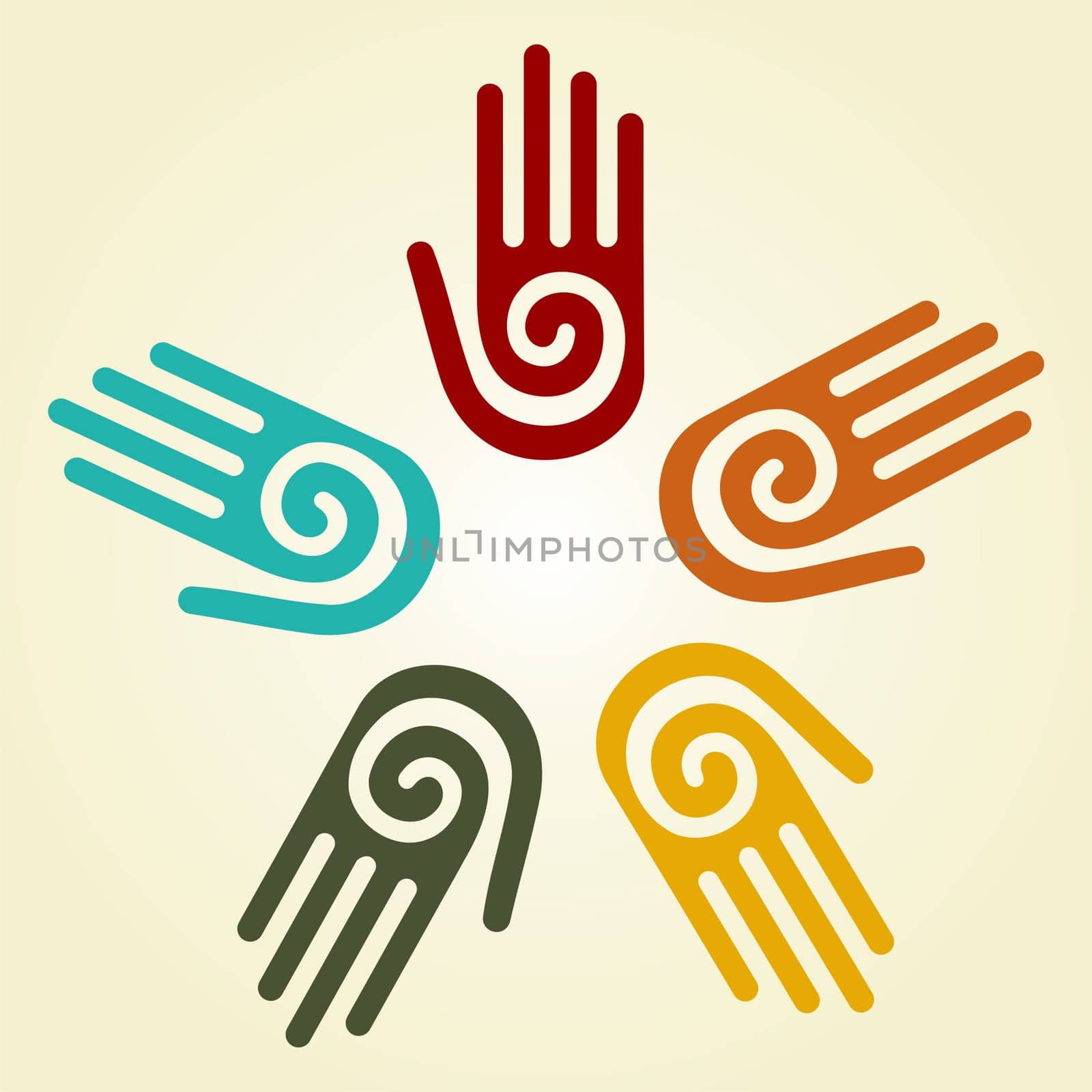 Hand with a spiral symbol on the palm, on a circle of hands background. Vector available.