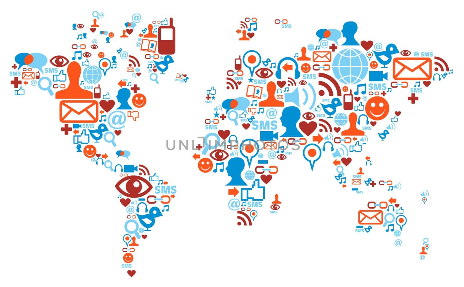 Social media network icons in world map shape concept