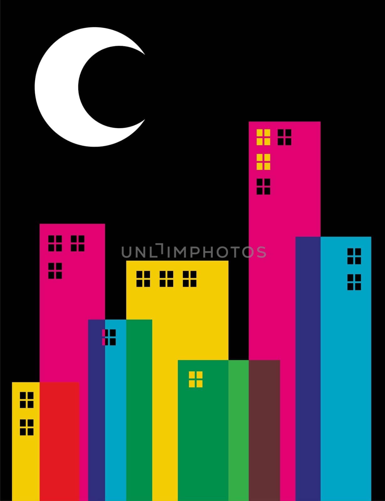 Multicolored transparency buildings and moon on top illustration. Vector file available.