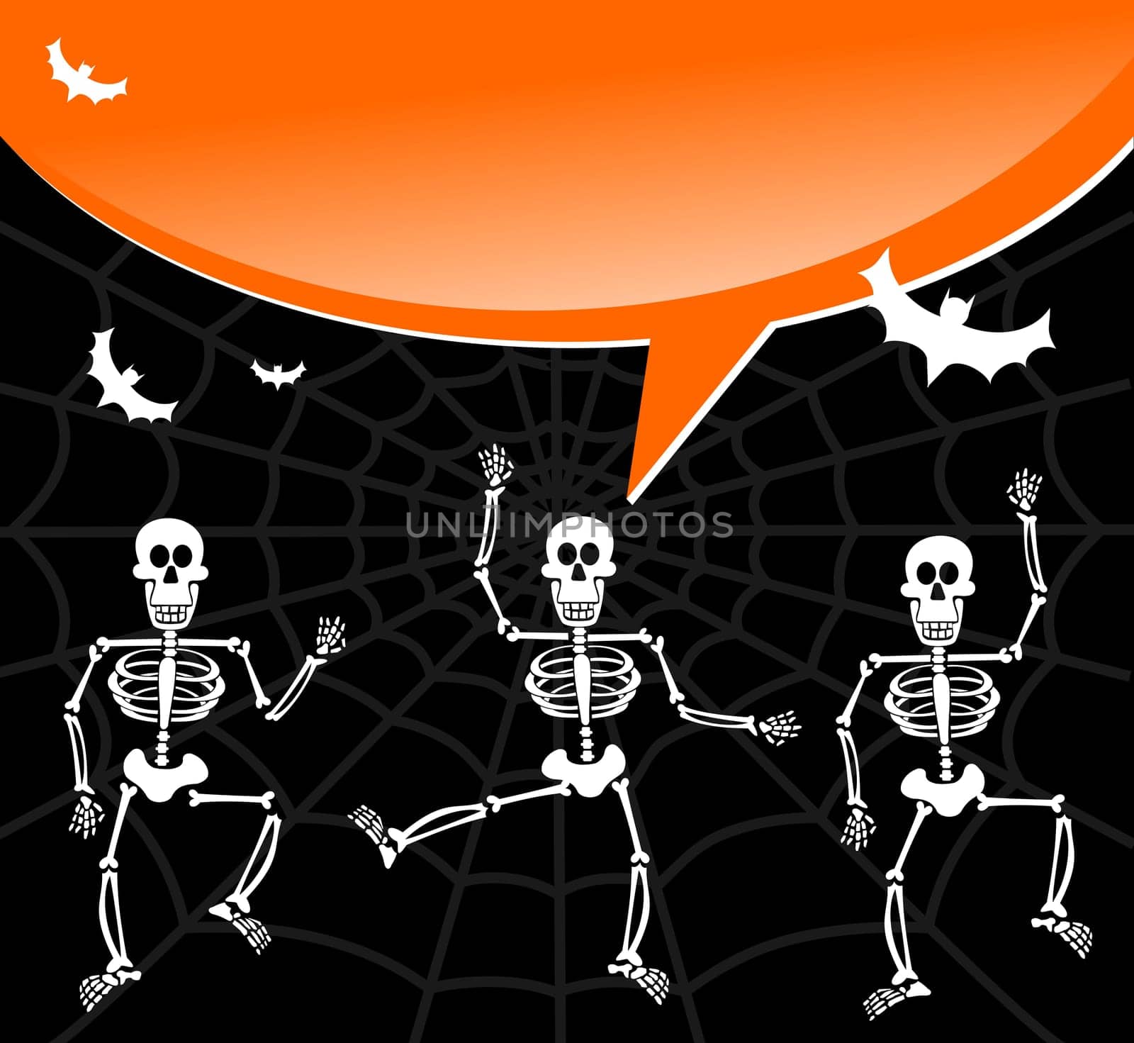 Dancing skeletons with speech bubble invitation. Scary background. Vector available