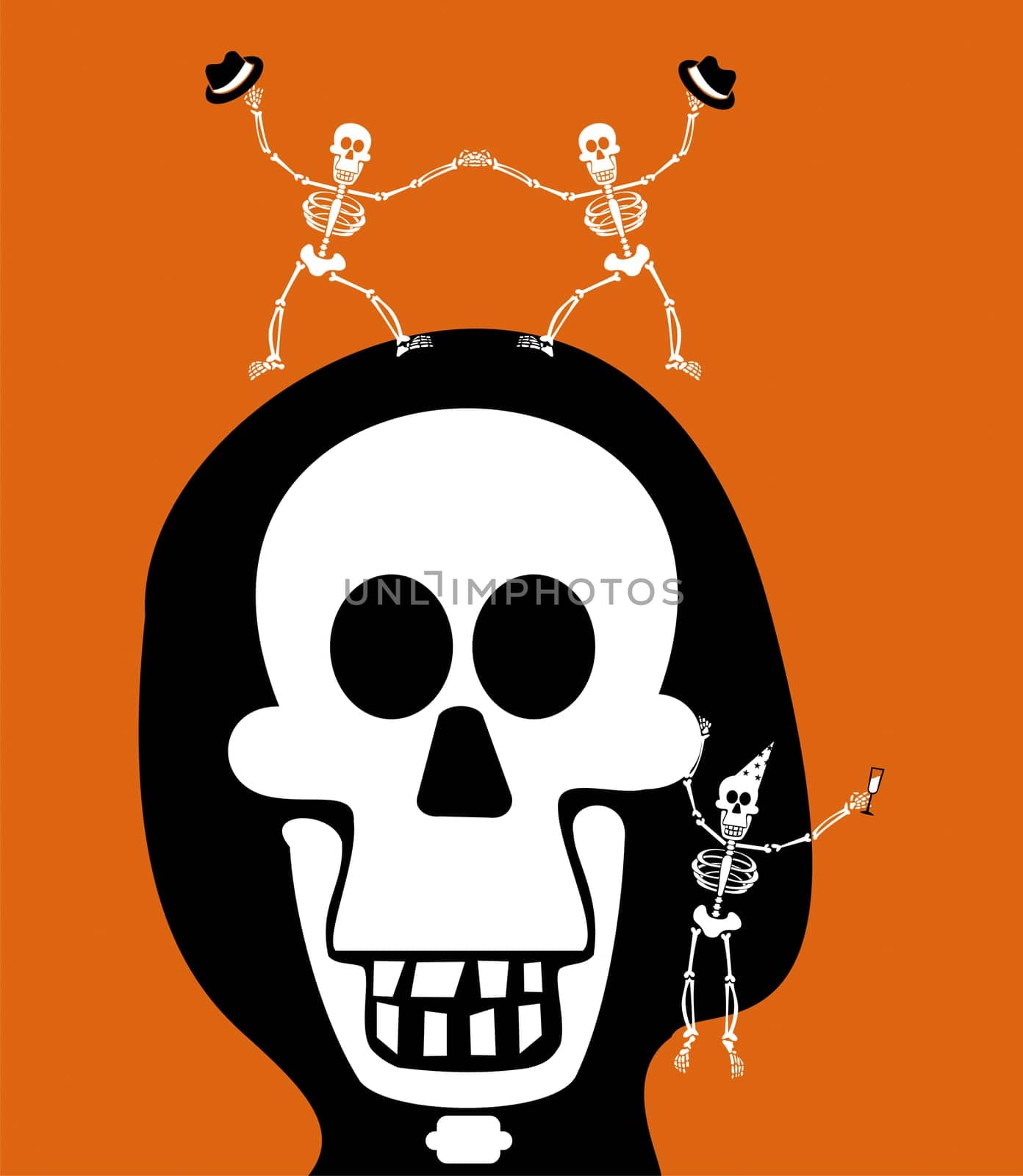Halloween skull and skeletons, dancing and celebrating the evening. Orange background. Vector available