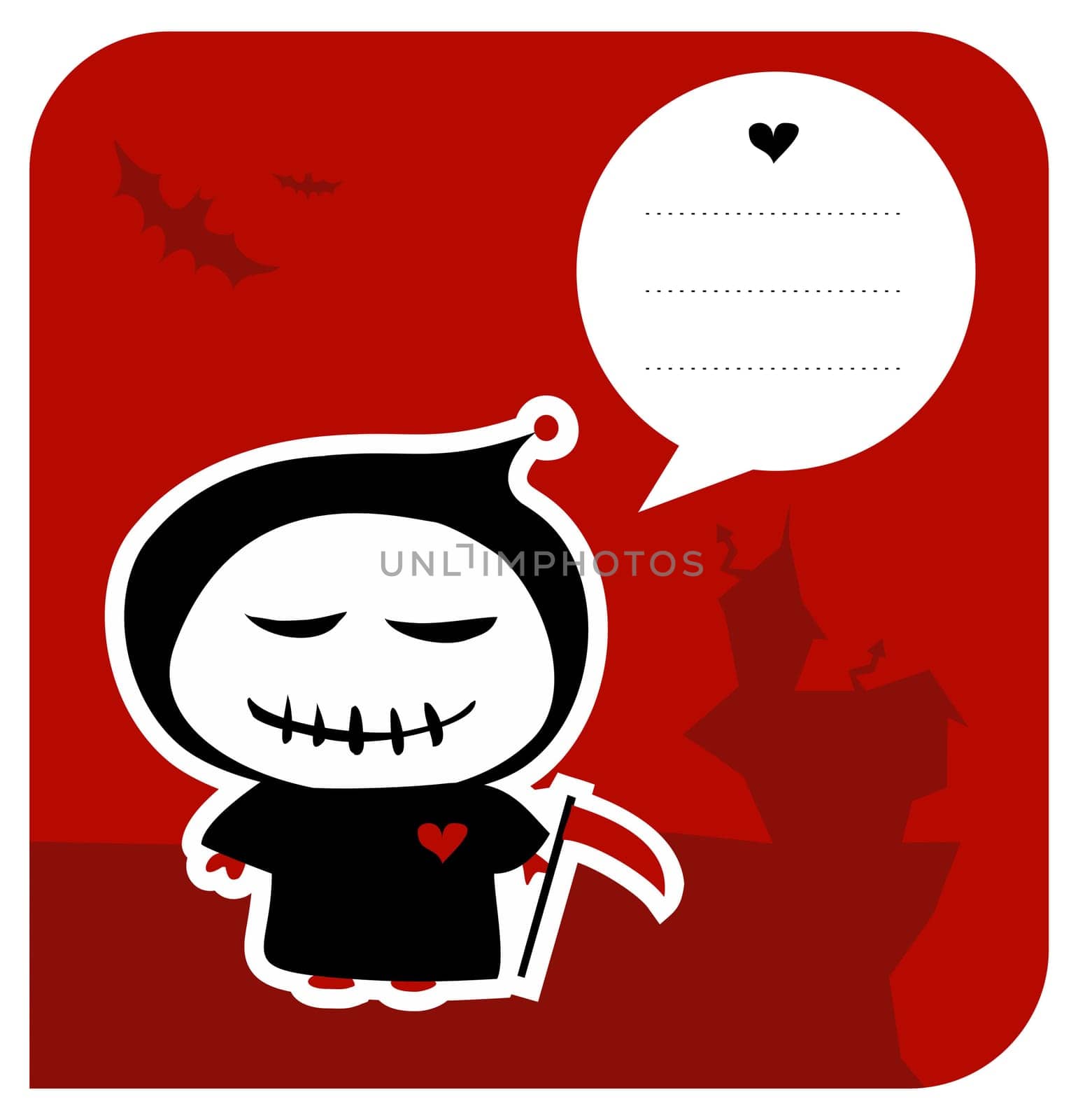 Funny grim reaper invitation with reaping hook and speech bubble usable as greeting card. Vector available