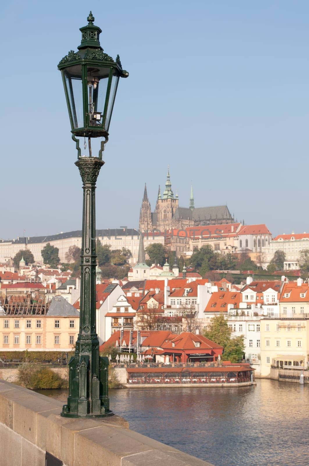 Streetlamp on Charles Bridge - Prague Castle in Background, Czech Republic