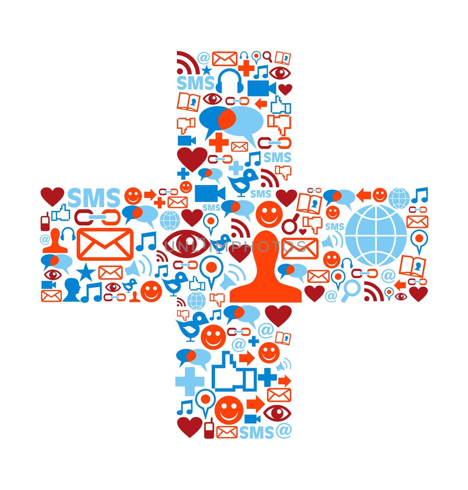 Social media icons set in plus symbol shape composition