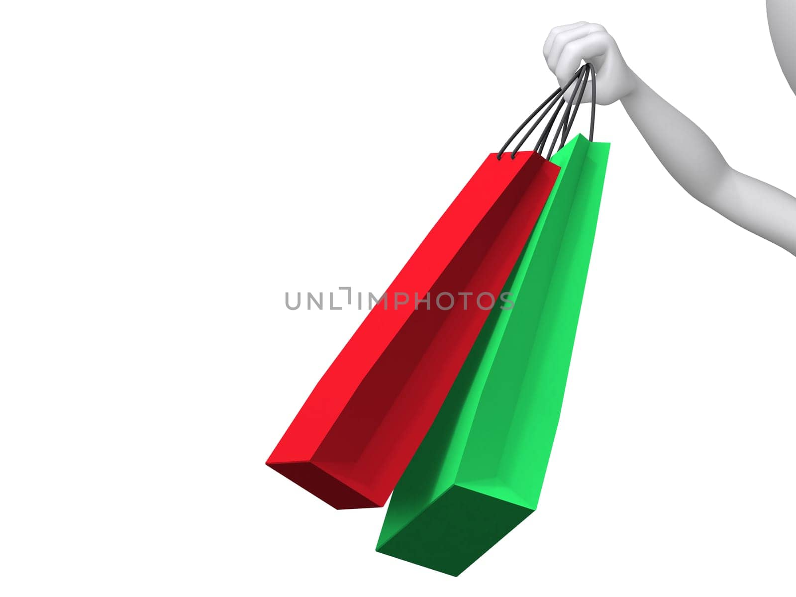 3d illustration of hand holding colorful shopping bags