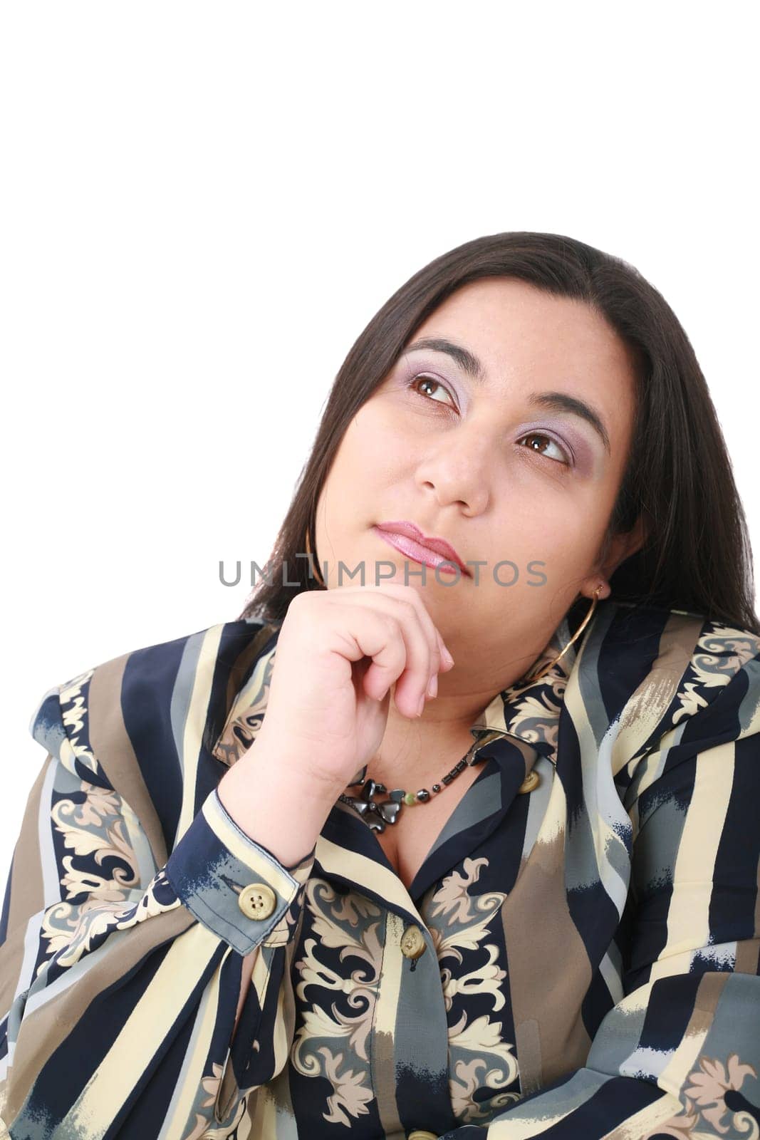 Portrait of young beautiful business woman looking contemplative. Isolated over white