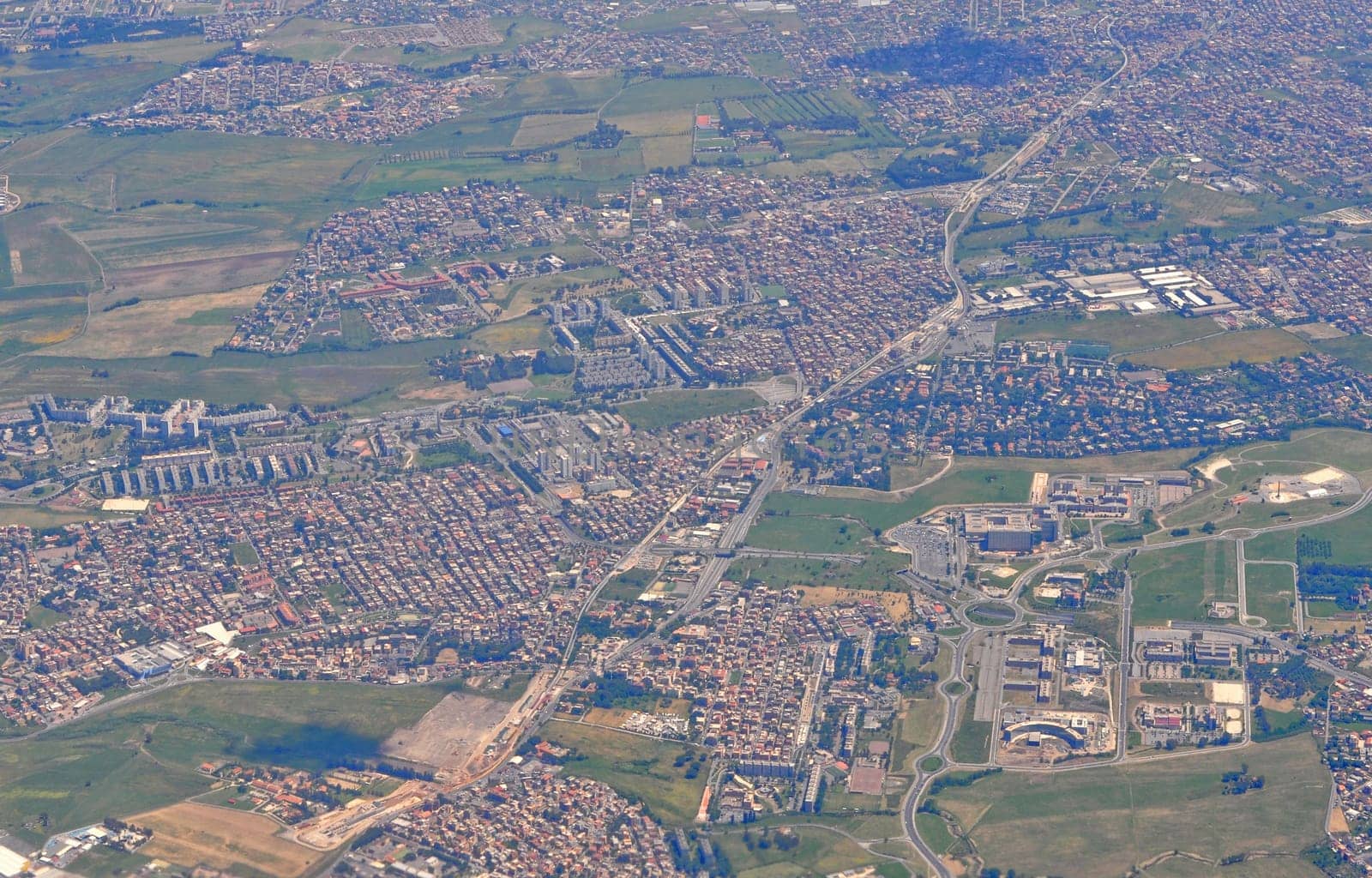 Aerial view from a flying plane in the sky