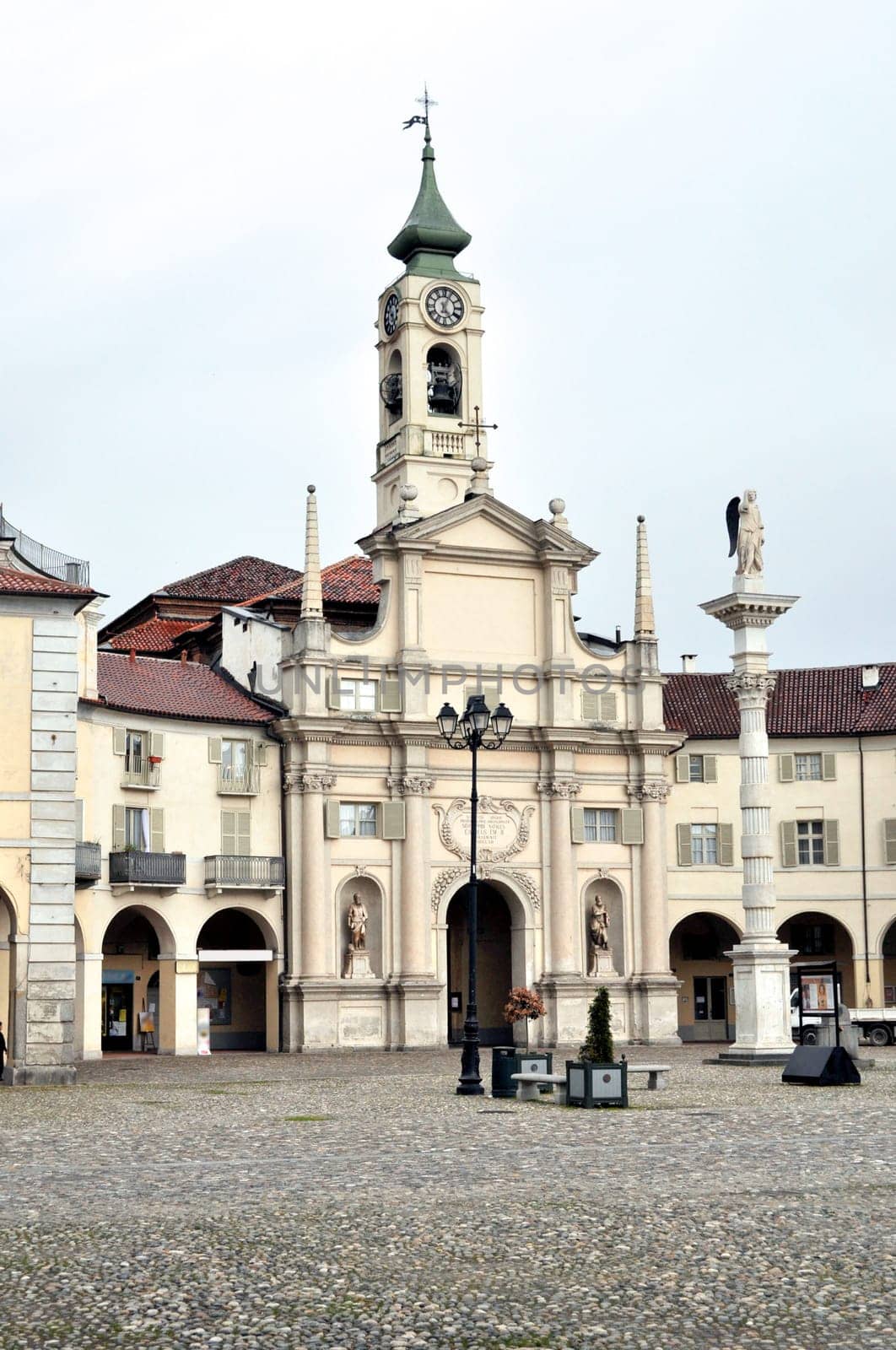 Piazza dell Annunziata square in Venaria Reale with Nativita di Maria church, Turin, Italy