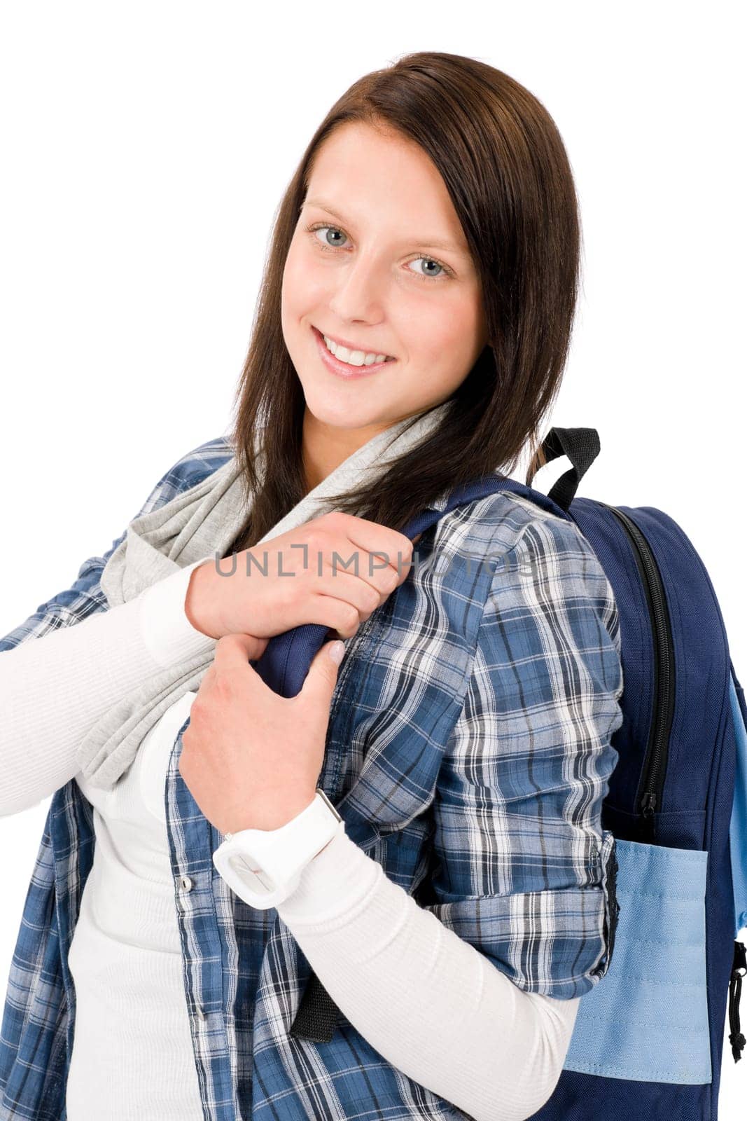 Happy student girl teenager with schoolbag on white