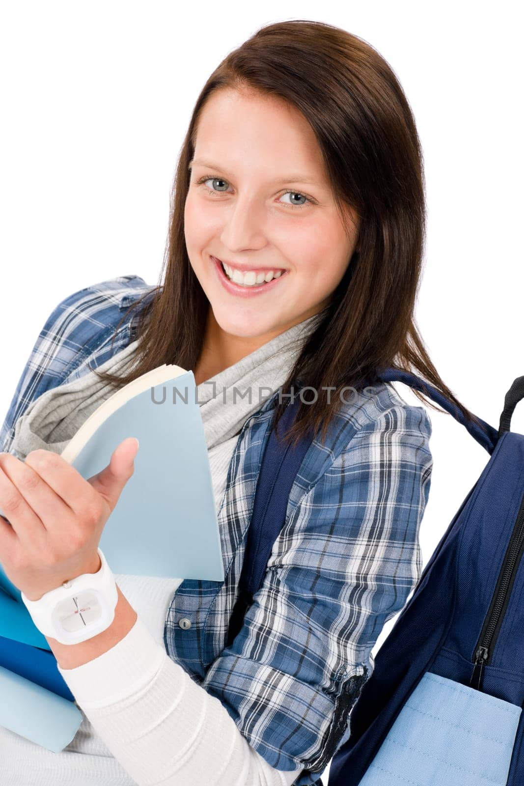 Student girl happy teenager with schoolbag hold books