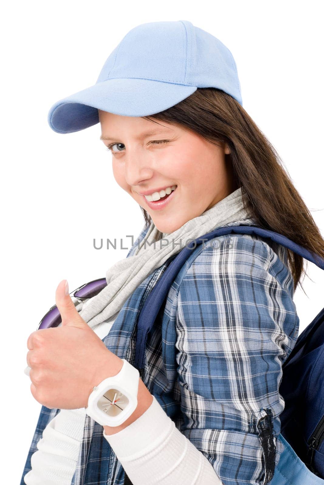 Smiling female teenager girl wear cool outfit thumb up