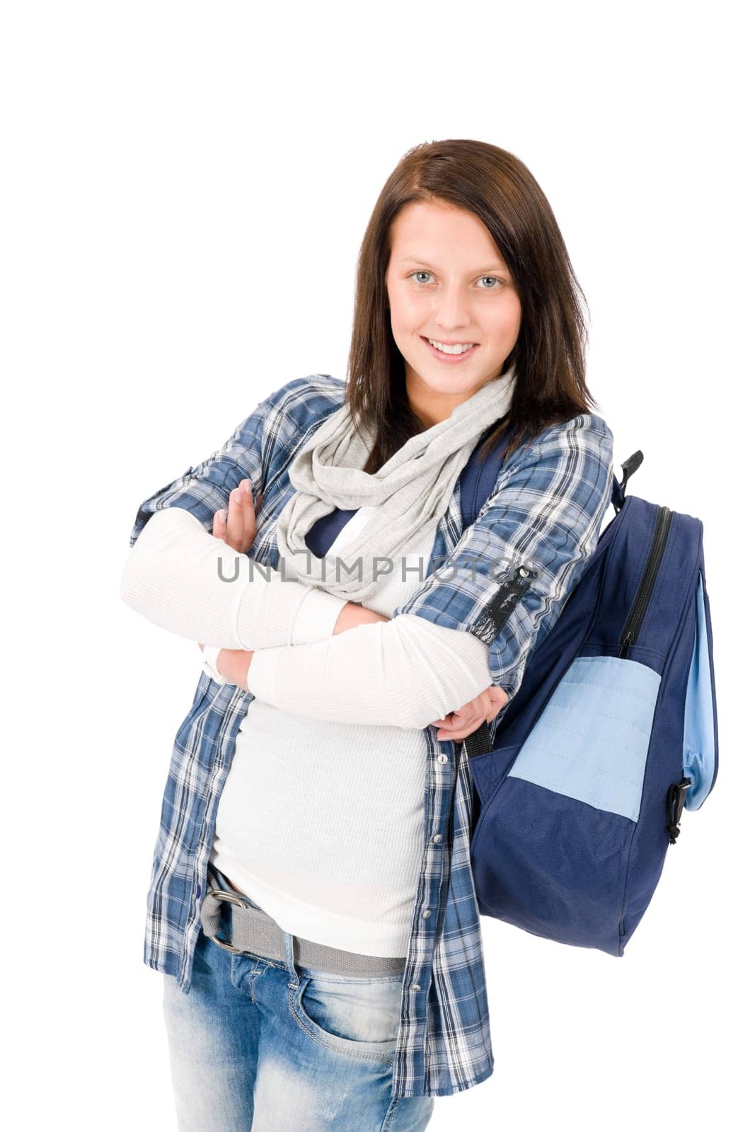 Happy student girl teenager with schoolbag on white