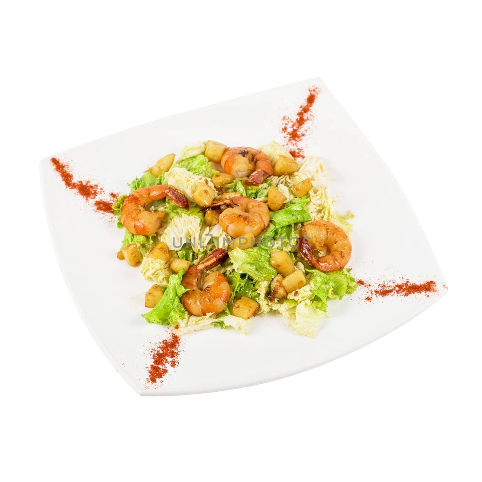 Salad with tiger shrimps and vegetable closeup