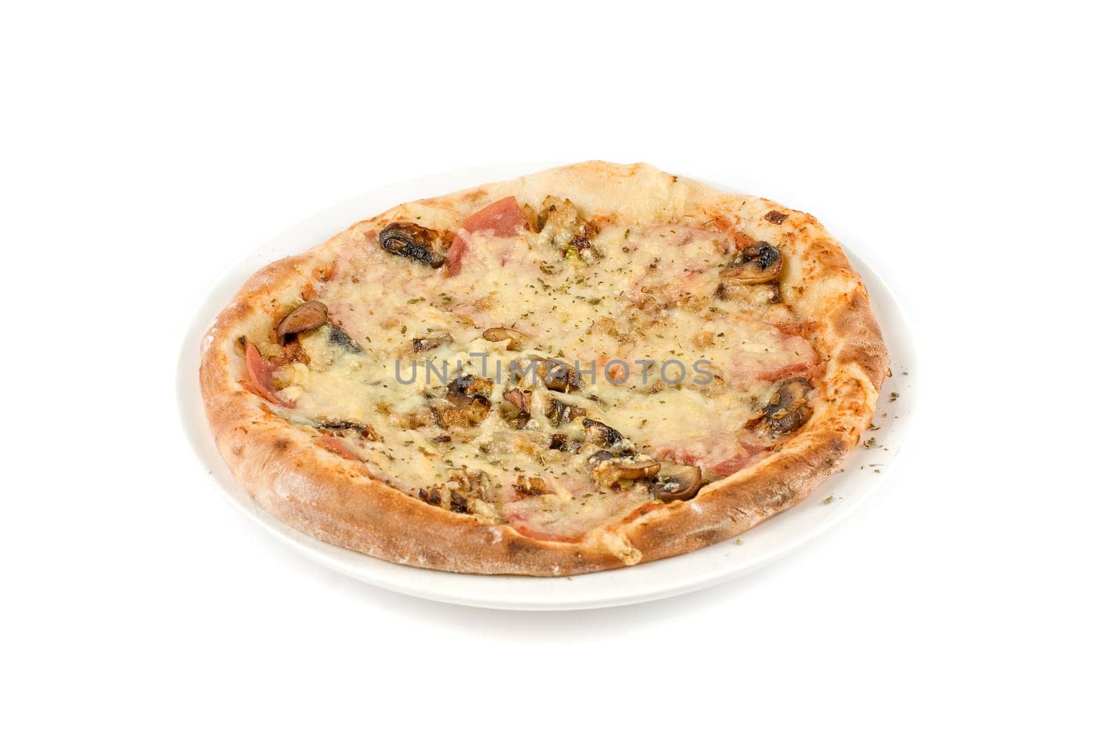 Pizza with mushrooms, ham isolated on white background