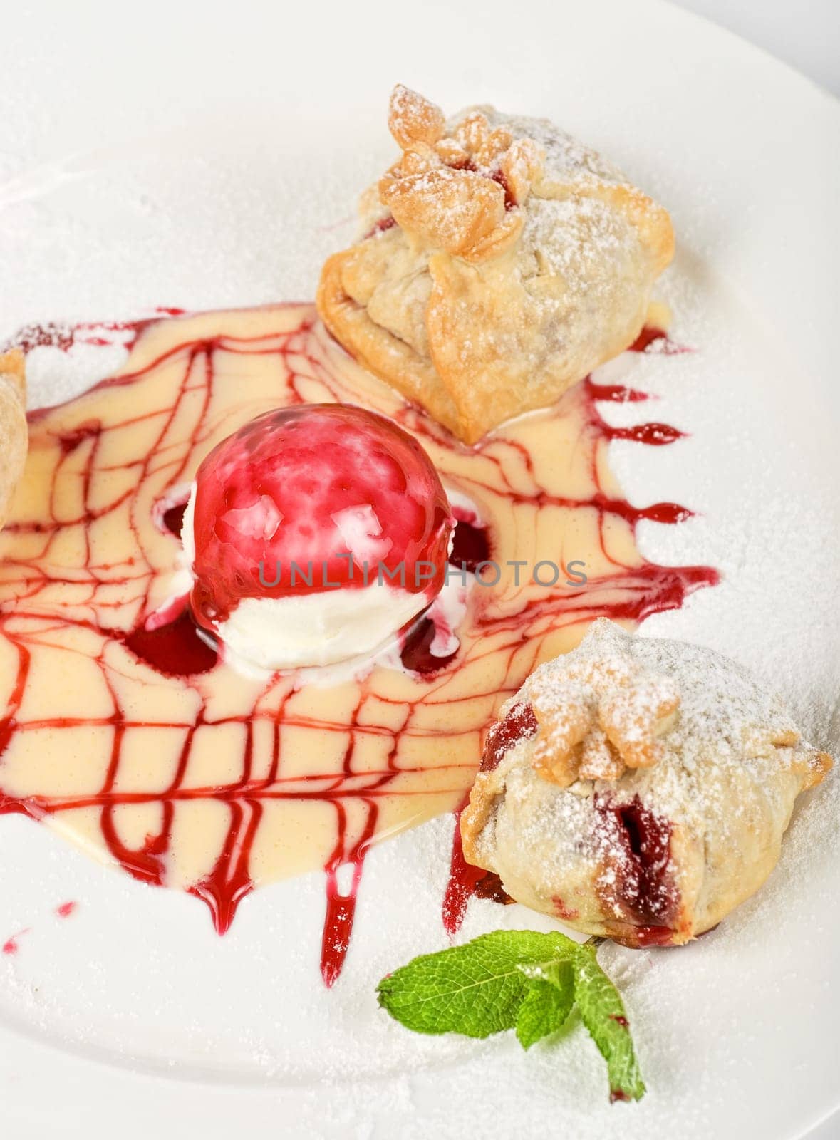 Tasty dessert with ice cream close up