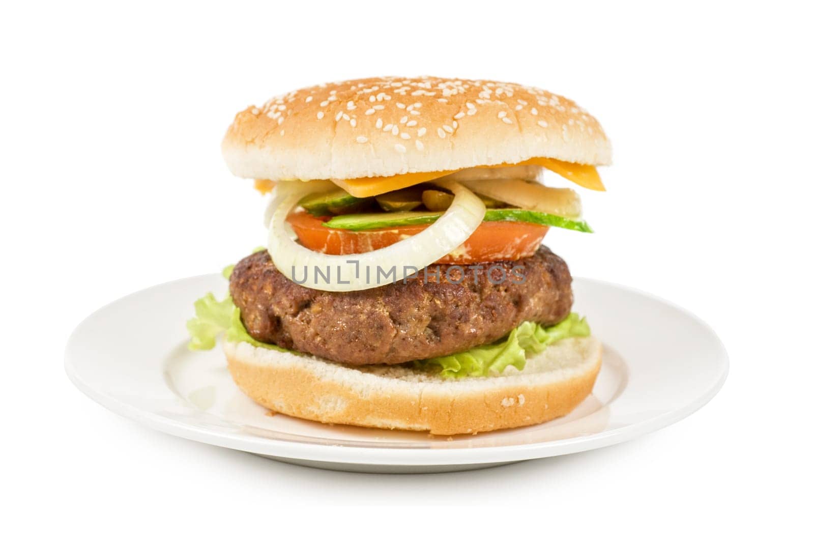 Delicious grilled burger on wheat buns isolated on a white