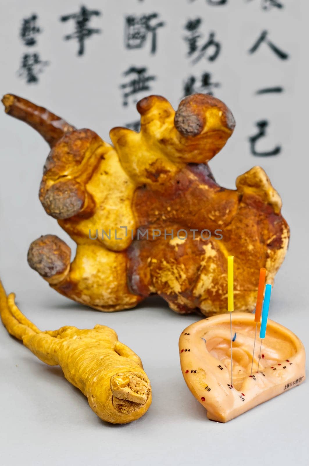 Ear cupuncture,ginseng root and lingzhi mushroom