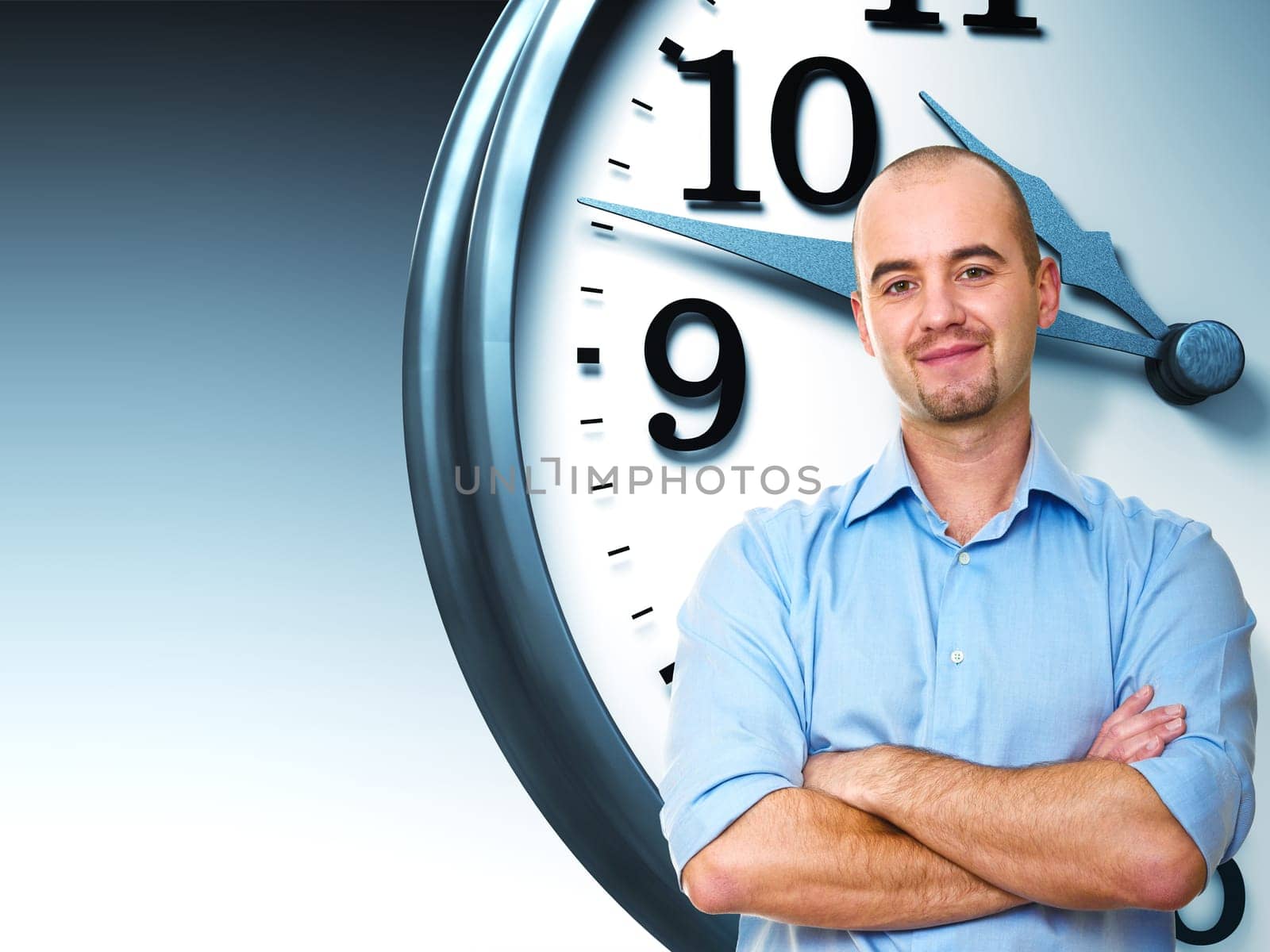confident man crossed arms and 3d clock