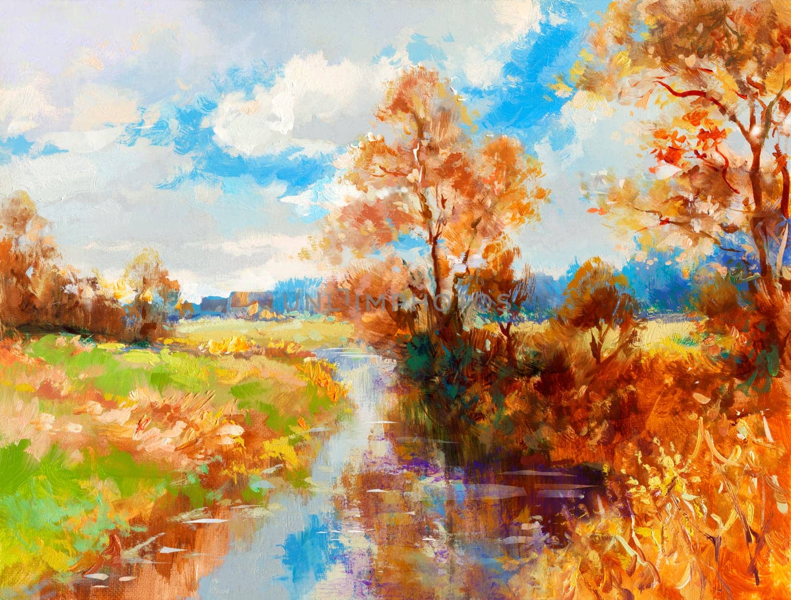 Autumn landscape painted on wooden panel