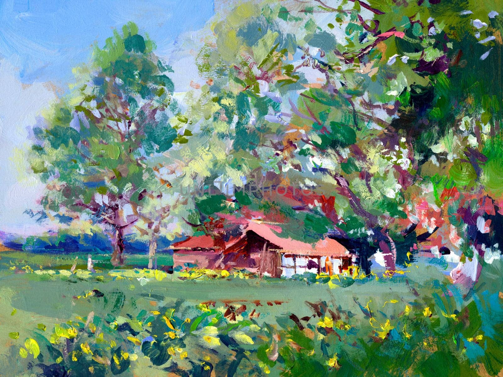 Acrylic painted landscape with farm
