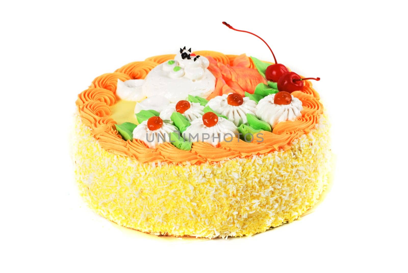 cream cake closeup with cherry on a grey