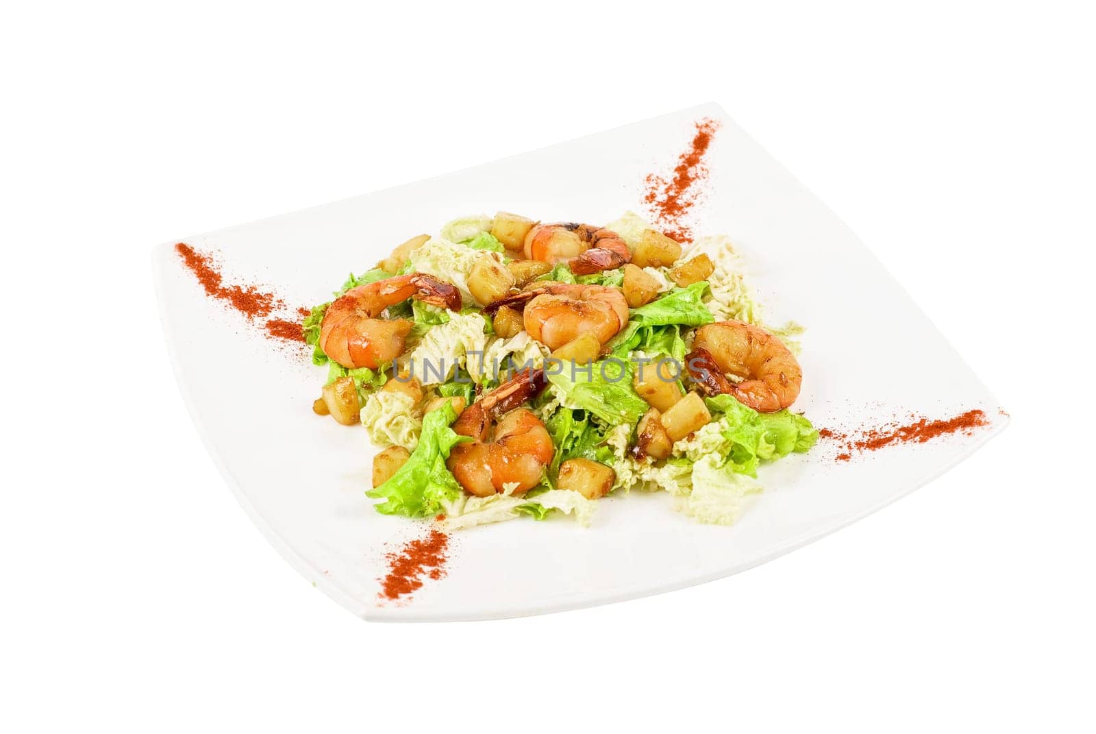 Salad with tiger shrimps and vegetable closeup