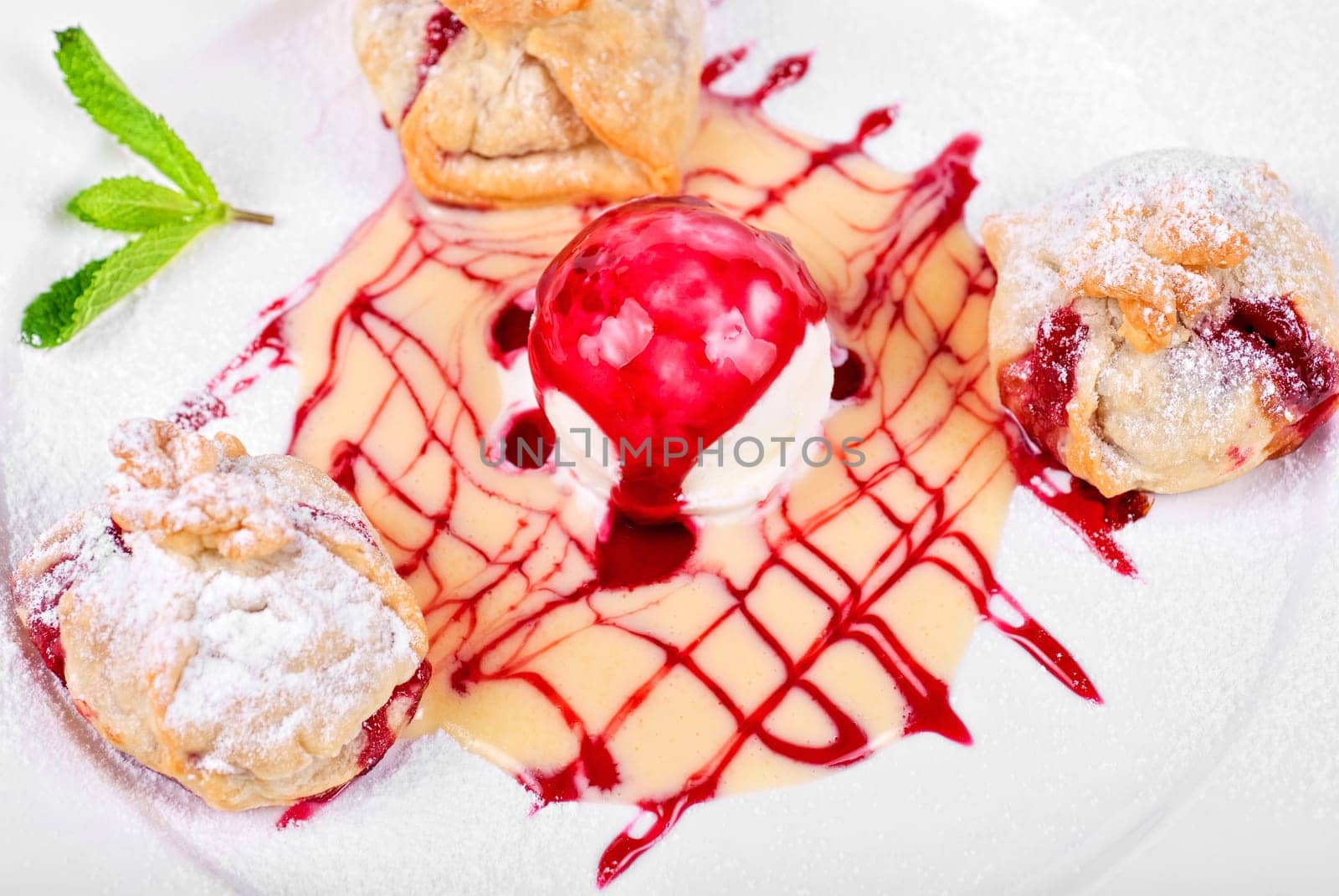 Tasty dessert with ice cream close up