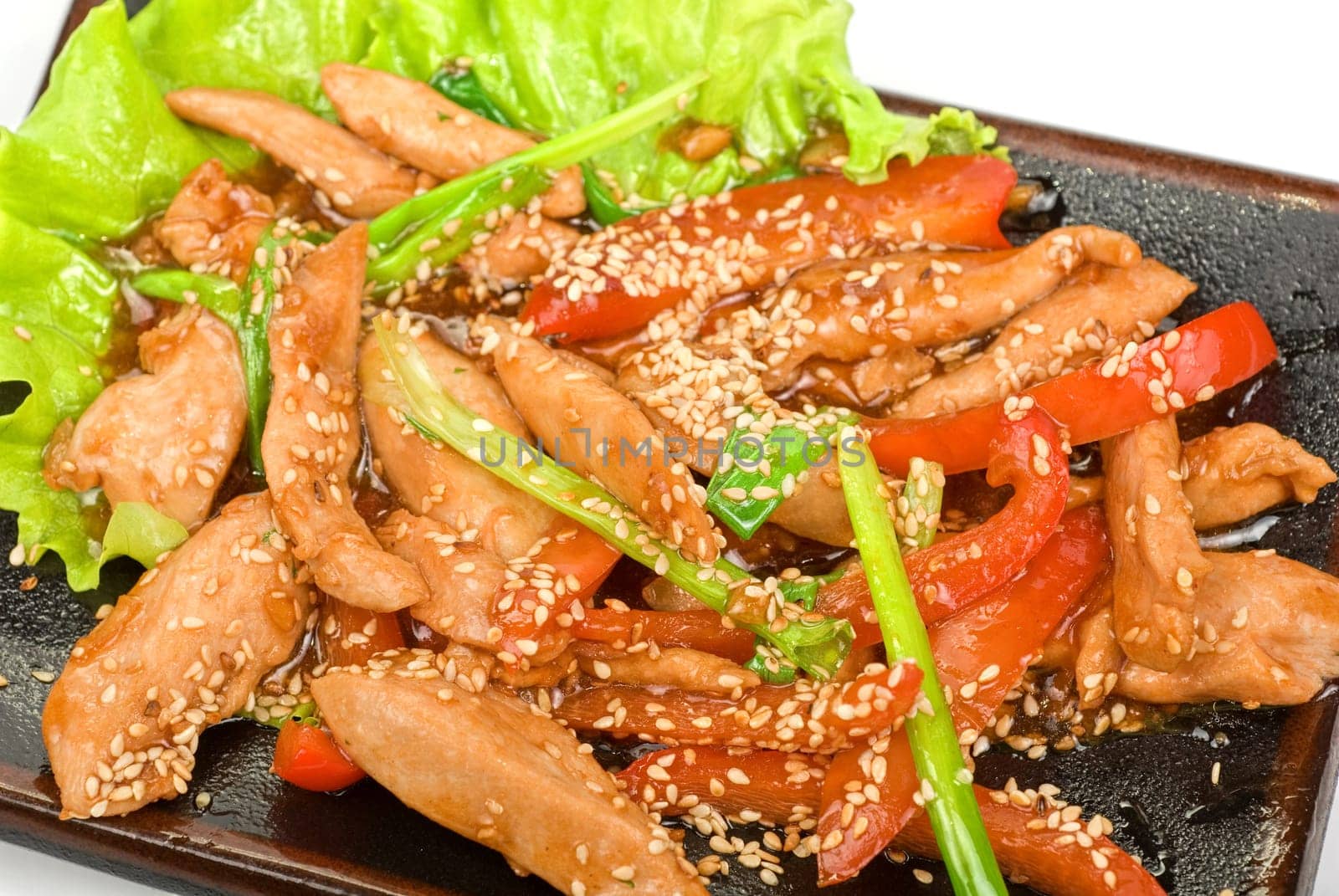 Chinese salad closeup with spicy meat and vegetable