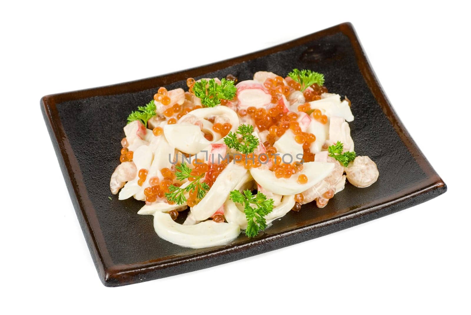 Seafood salad ar plated isolated on a white background