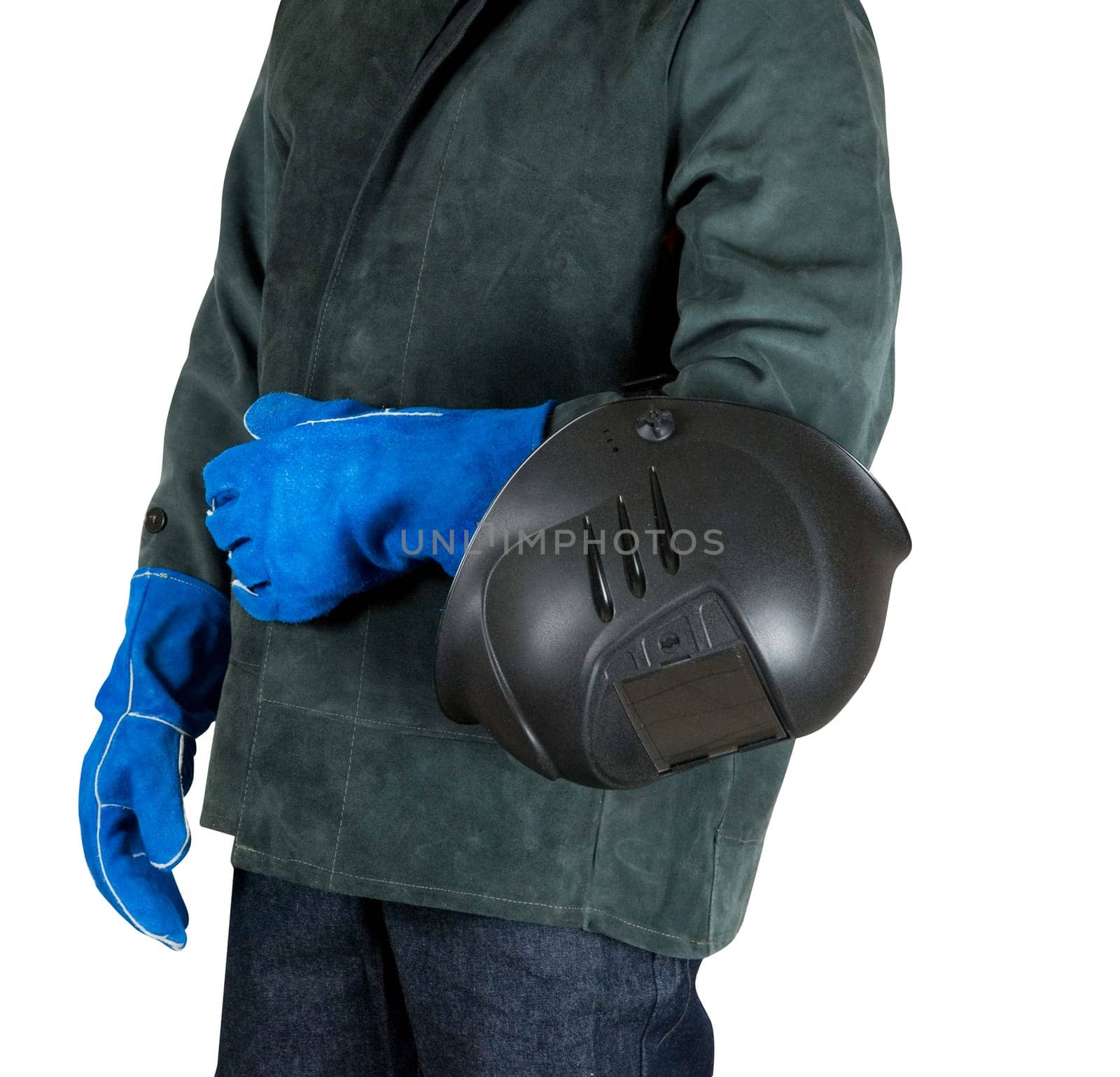male welder closeup with welding equipment on a white