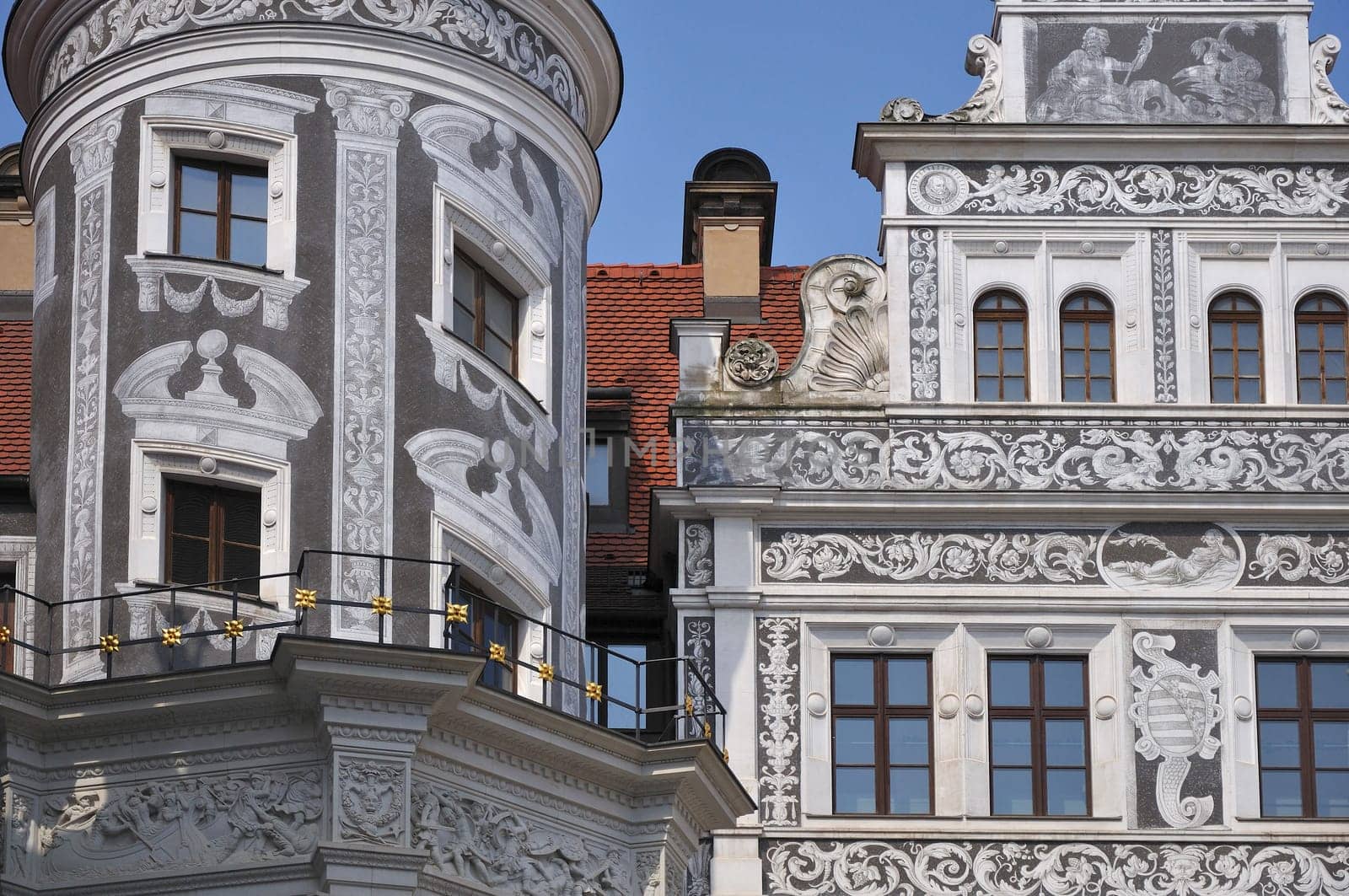 detail of the facade of the inner court of dresden castle, freshly rebuilt after second world war damages