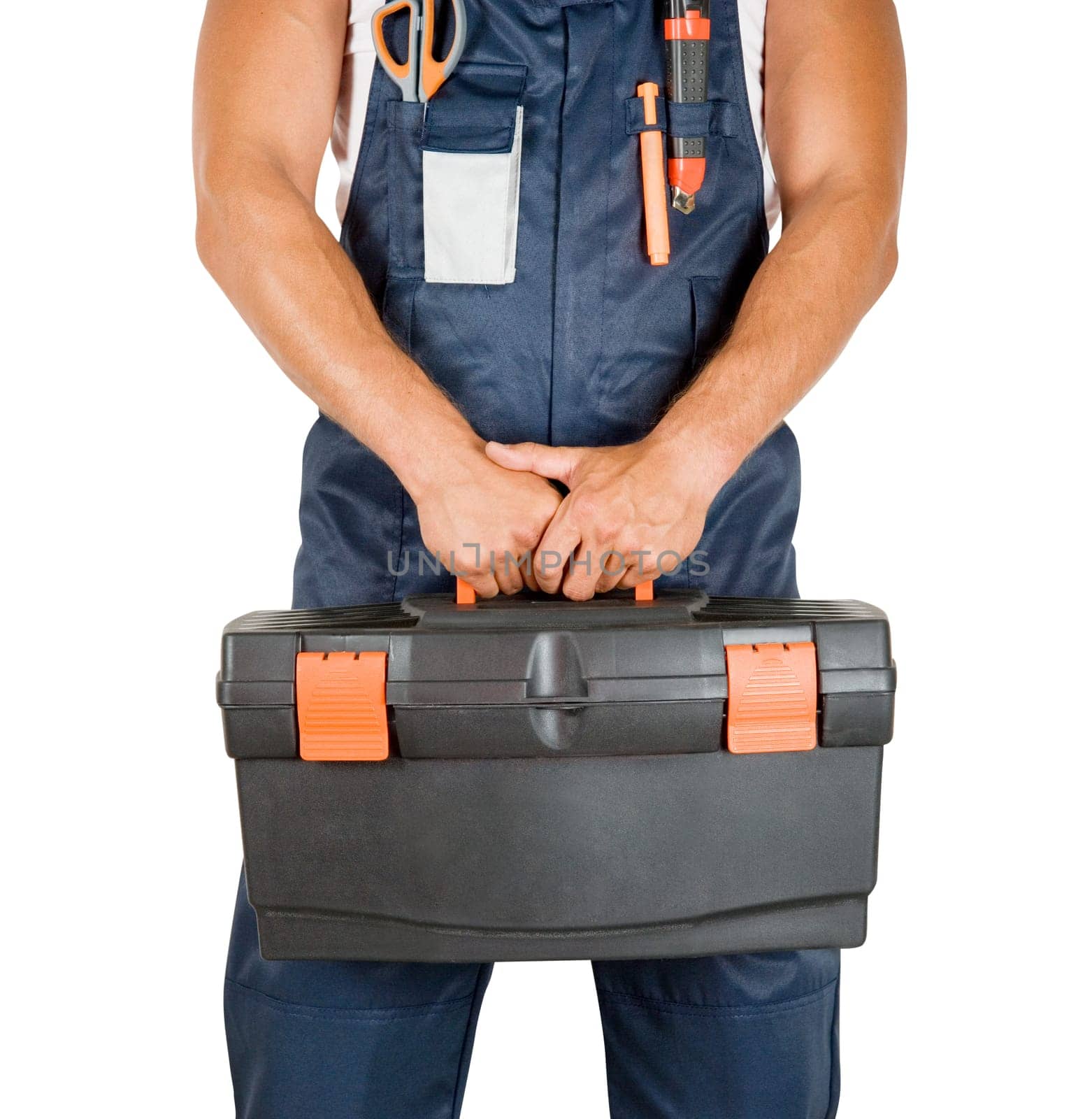 repairman with box of instruments on white background