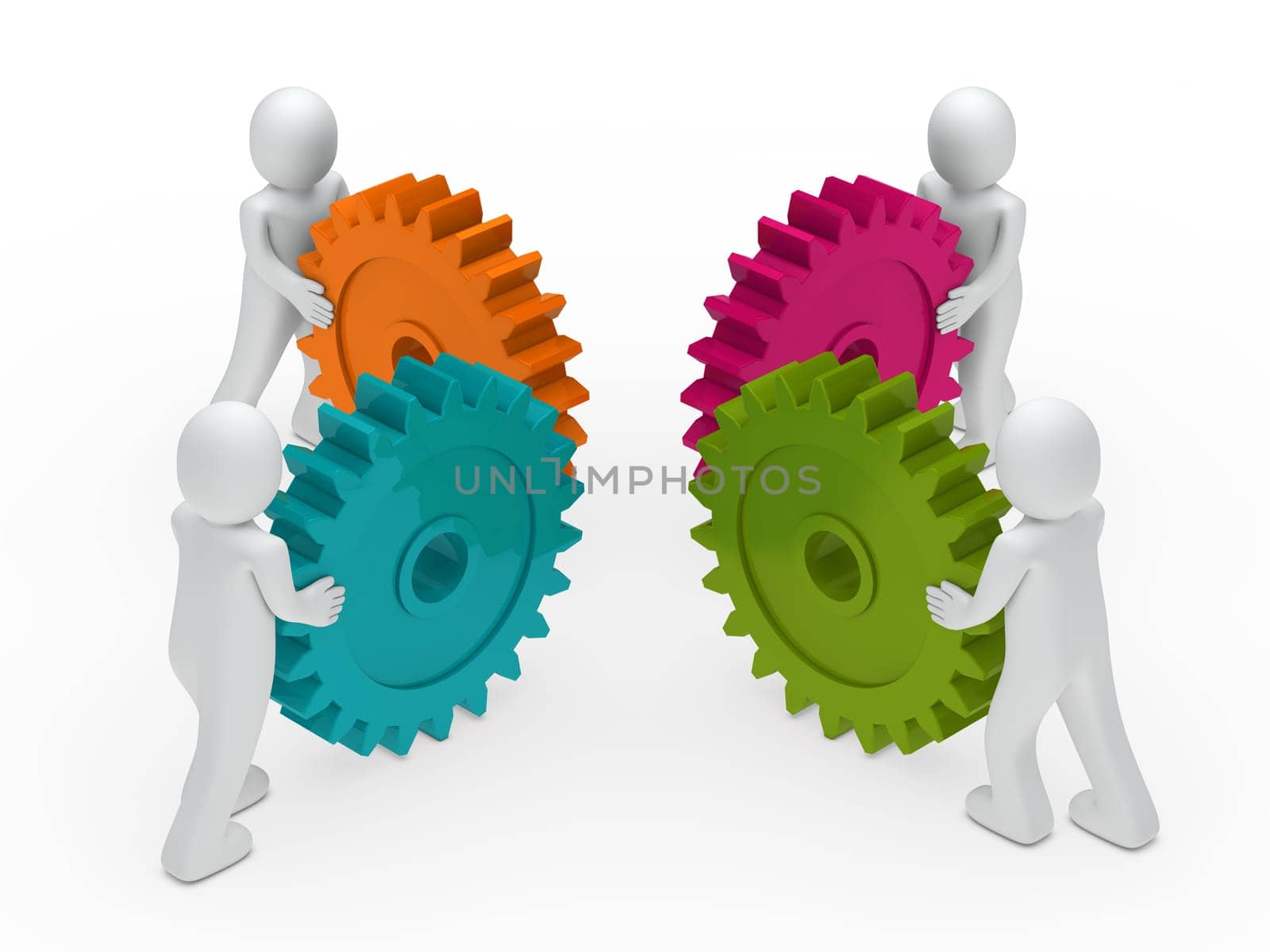 3d business men push a gear colorful