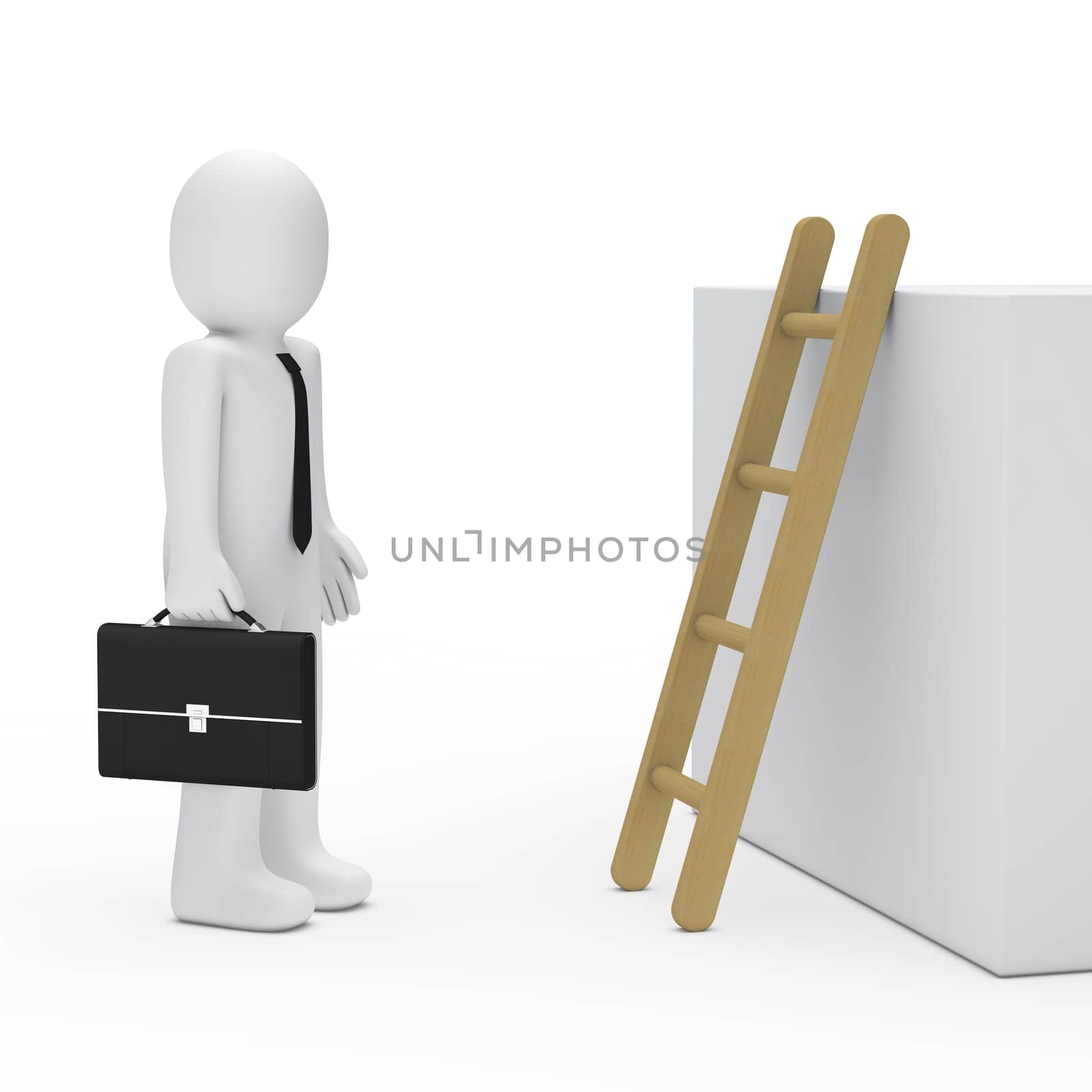 3d business man with briefcase before ladder