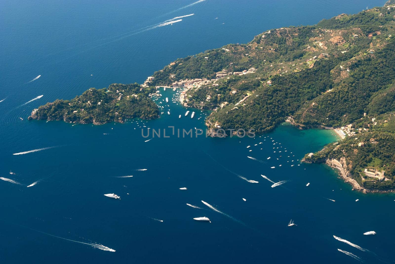 portofino and yacht seen from the plane