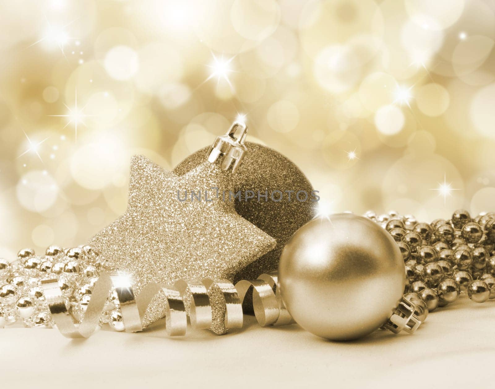 Golden Christmas background with decorations and beads