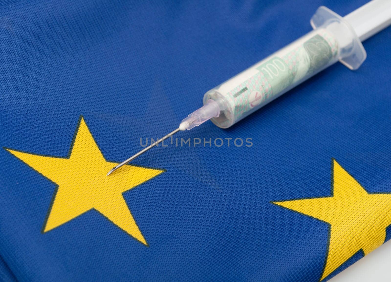 Financial Injection - Medical Syringe With Banknote one Flag of European Union