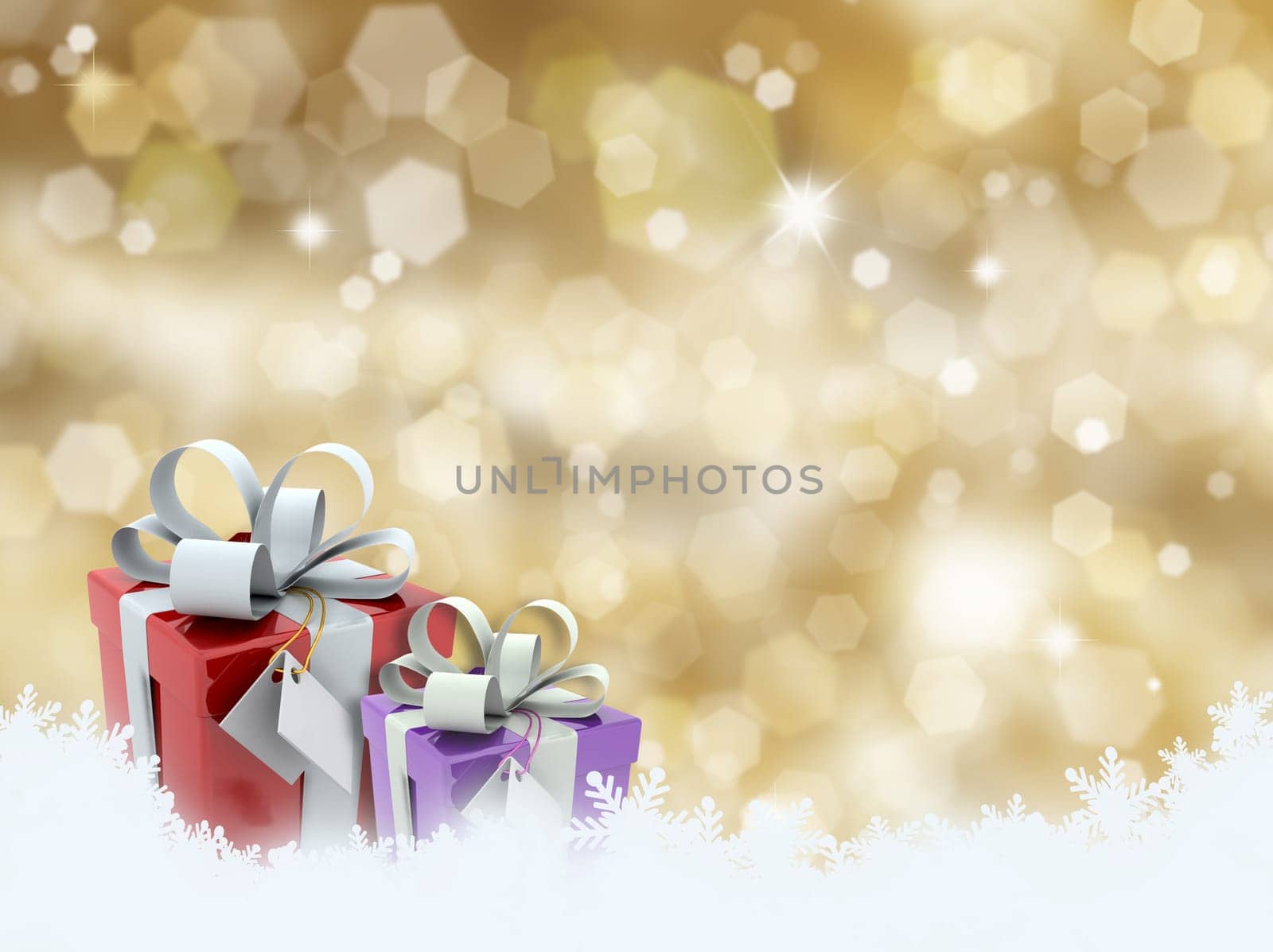 Christmas gifts on glittery gold background
