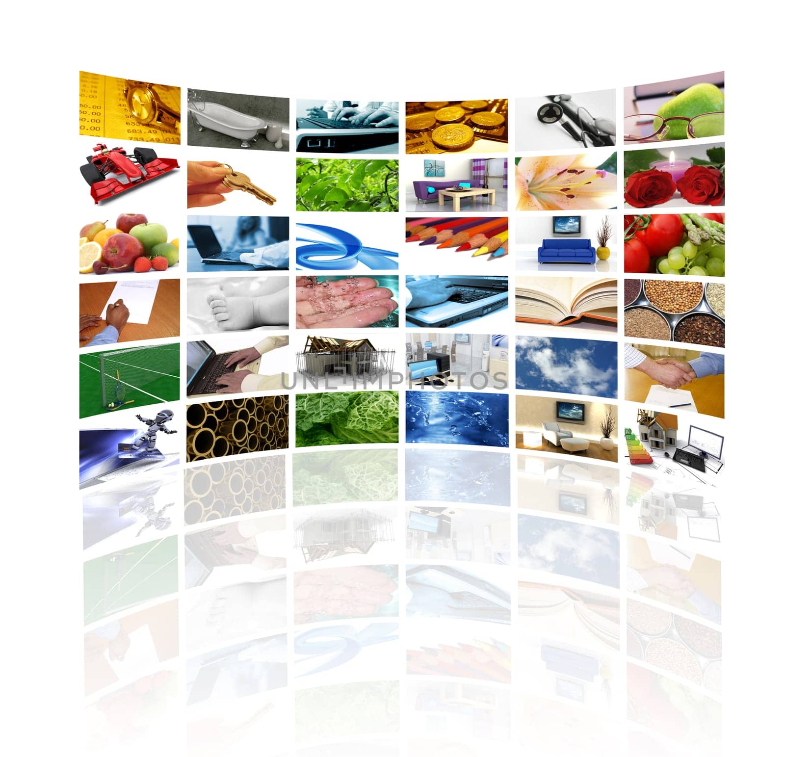 Large wall of tv screens with various images