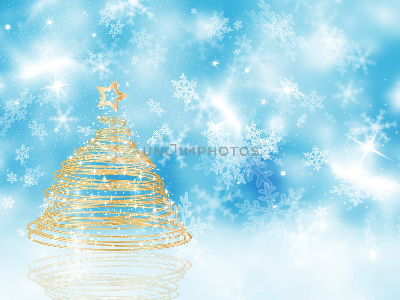 Golden spiral Christmas tree on a snowflake background
