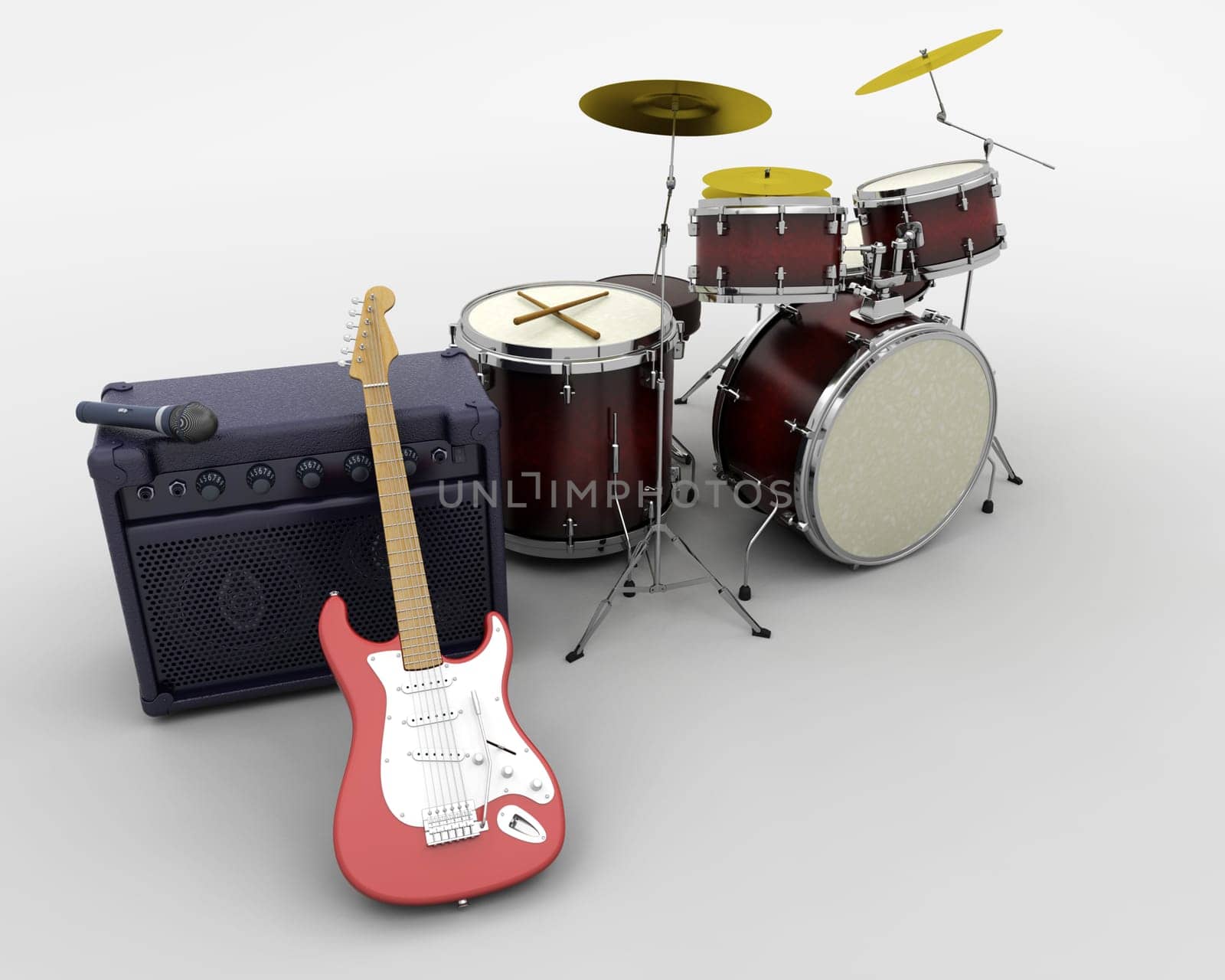 3d render of a guitar amplifier and drum kit